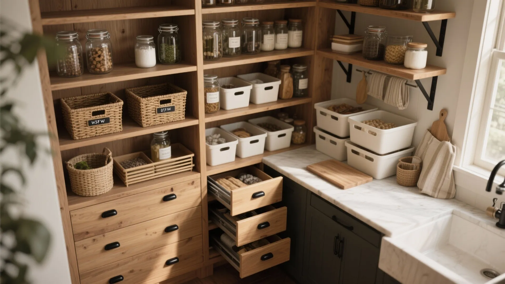 Organized pantry with wooden shelves glass jars white bins woven baskets and pull out drawers