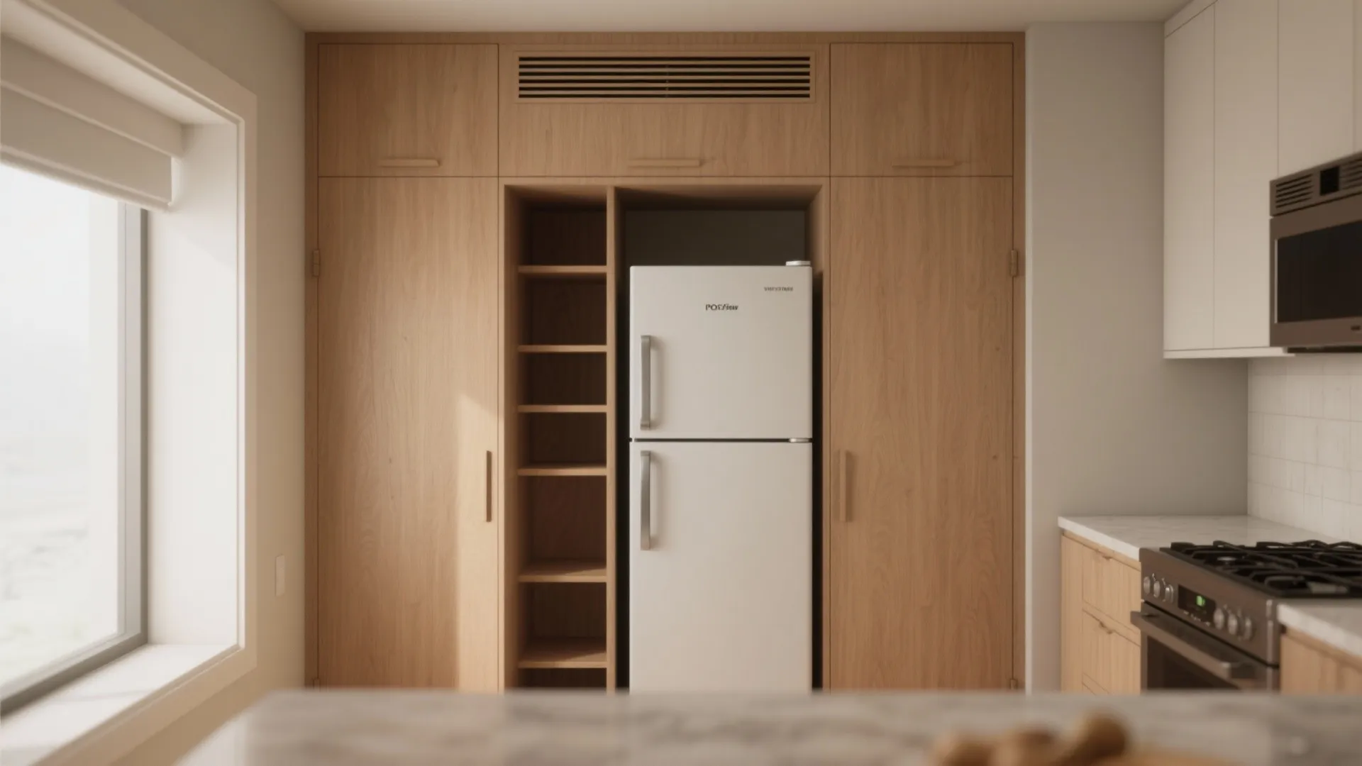 White refrigerator inside tall wooden storage cabinet with open shelves in a bright modern kitchen