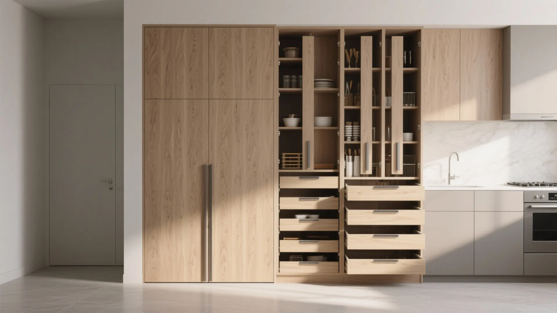 Large wood kitchen cabinet showing open shelves and pull out drawers next to white walls