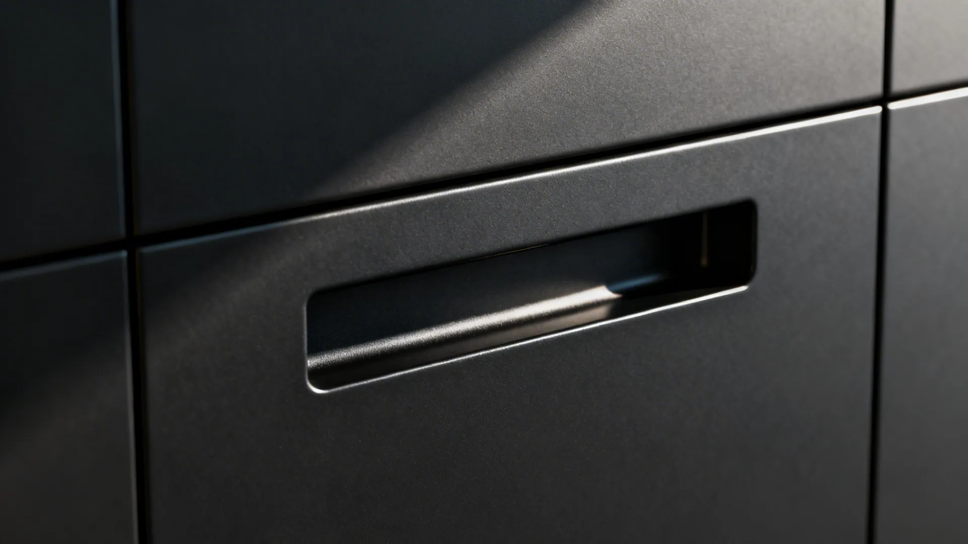 Macro of a matte black pantry door with recessed handle and crisp shadow line.