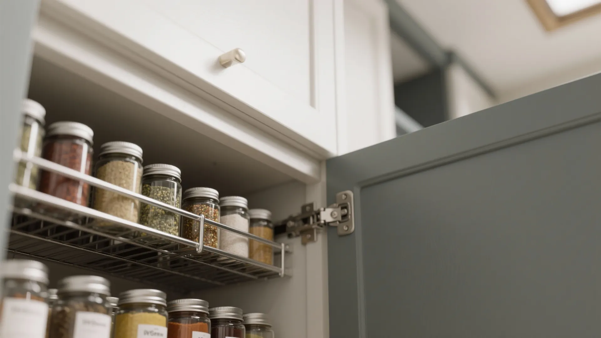 Open kitchen cabinet showing metal spice rack with glass jars and grey door with silver hinge