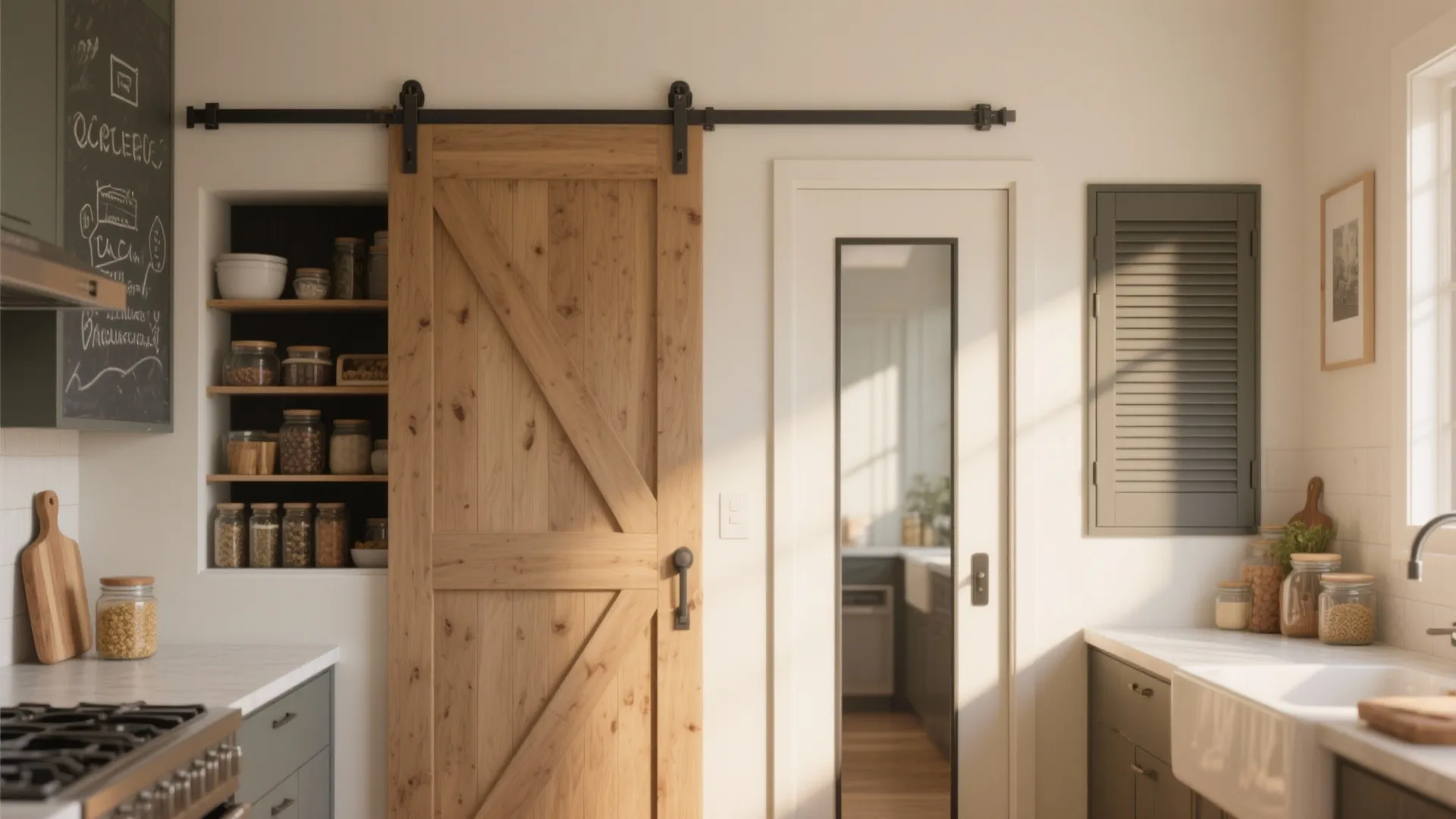 Rustic kitchen pantry featuring a wooden sliding barn door, white counters, glass jars, and sunlight