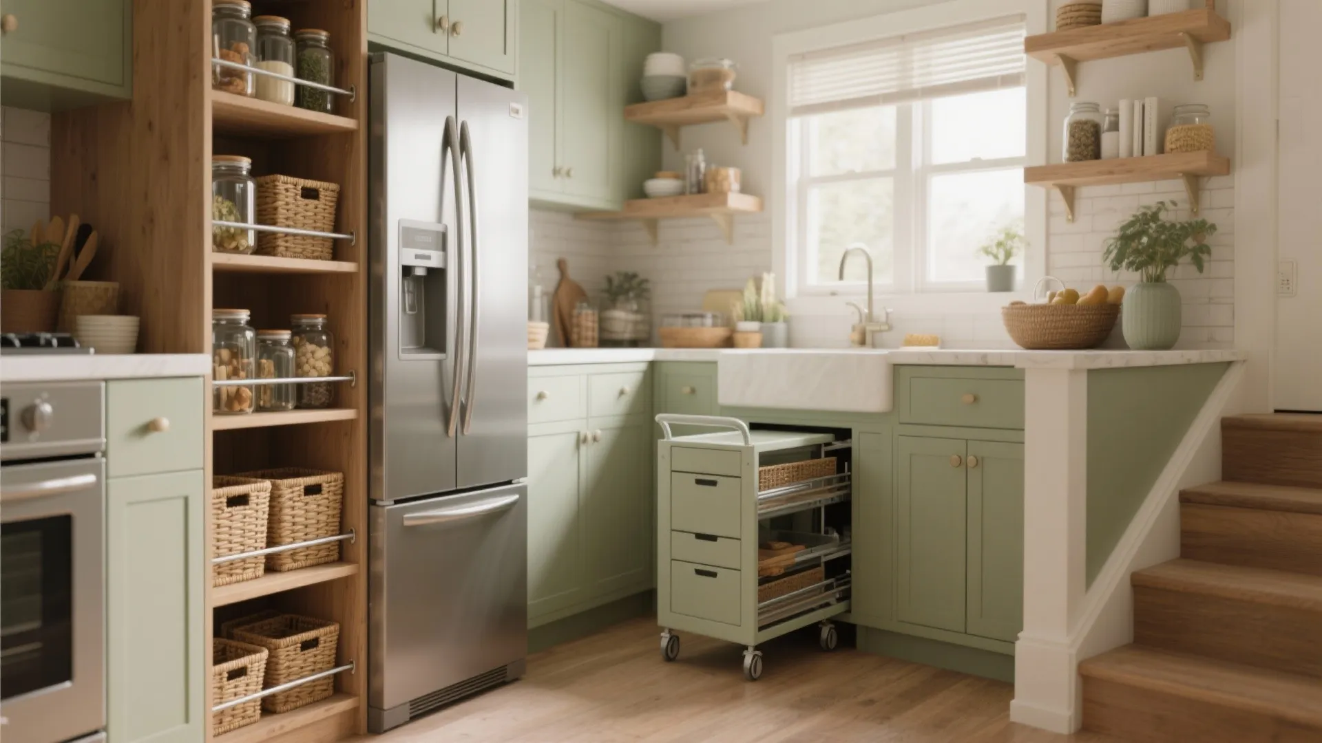 Modern green kitchen with stainless steel fridge wood shelves sink window and movable storage cart