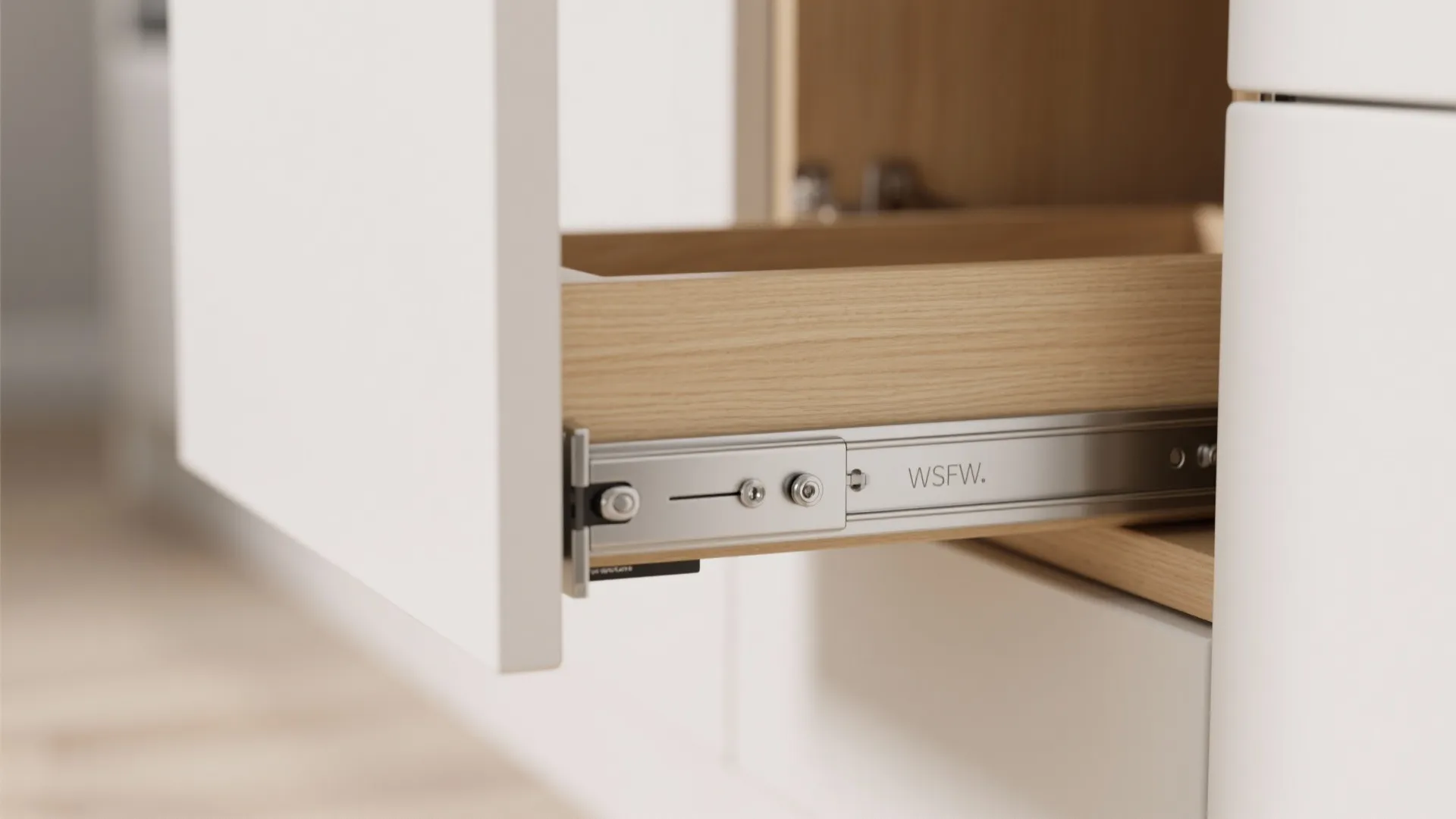 Close up of metal drawer slide hardware installed on a wooden kitchen cabinet drawer interior