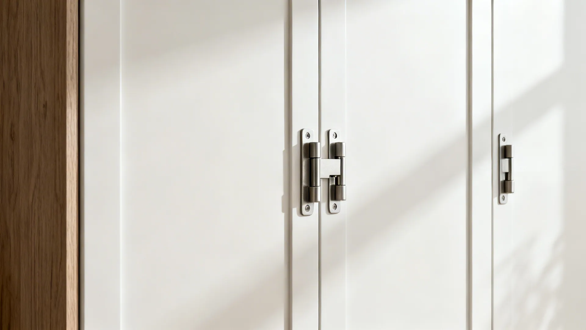 Close-up of a premium hinge on a matte white full-height pantry cabinet.