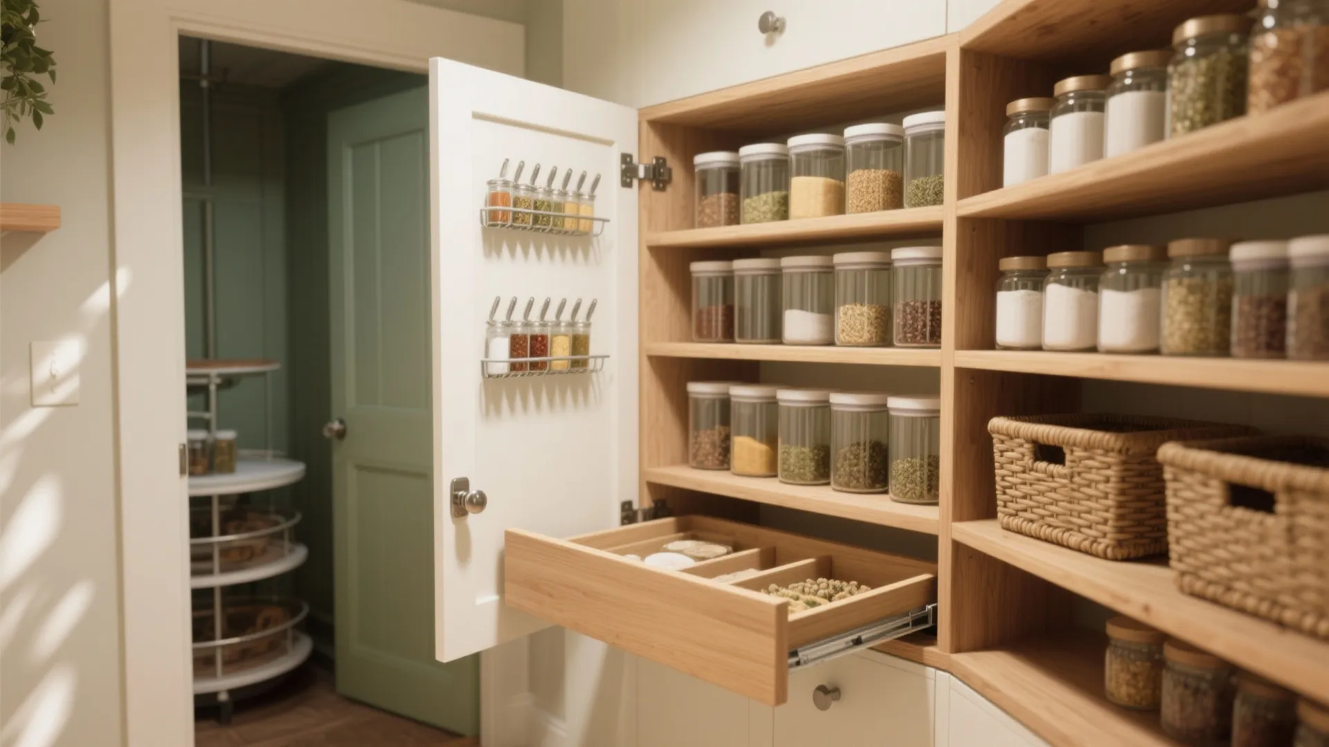 Kitchen cabinet with open door spice racks wooden drawer glass jars and organized storage baskets