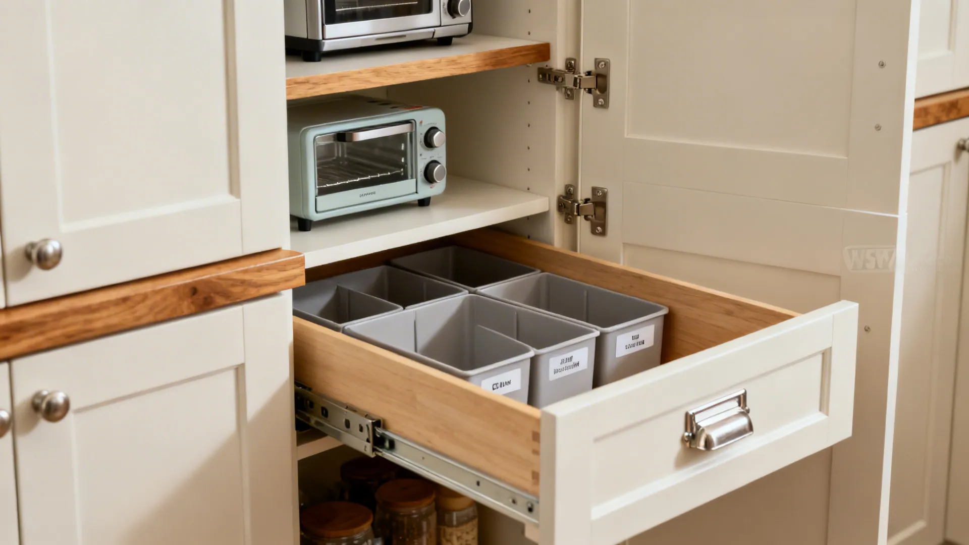 Close-up of a tall pantry interior with adjustable shelves and deep drawer storage.