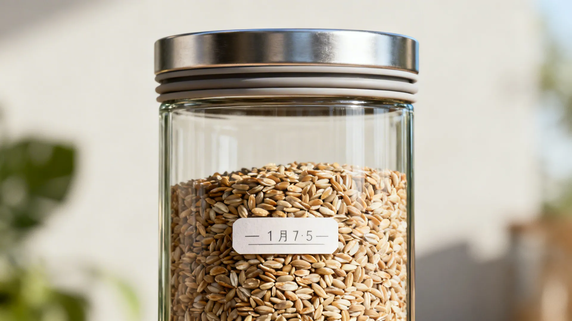 Glass pantry jar filled with dried grains featuring small white label and silver metal lid