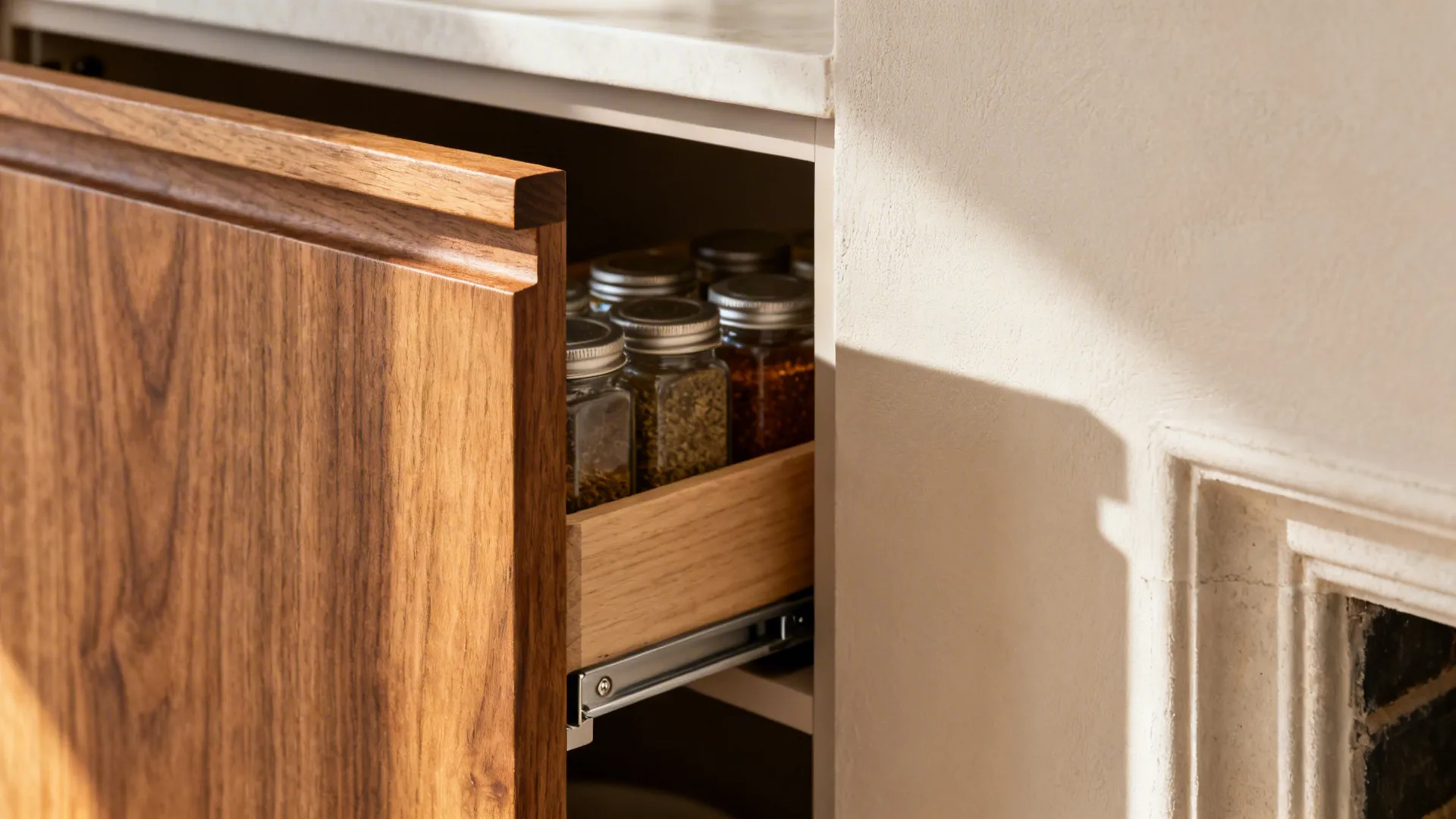 Close-up of a shallow pantry pull-out and oak door near a chimney breast.