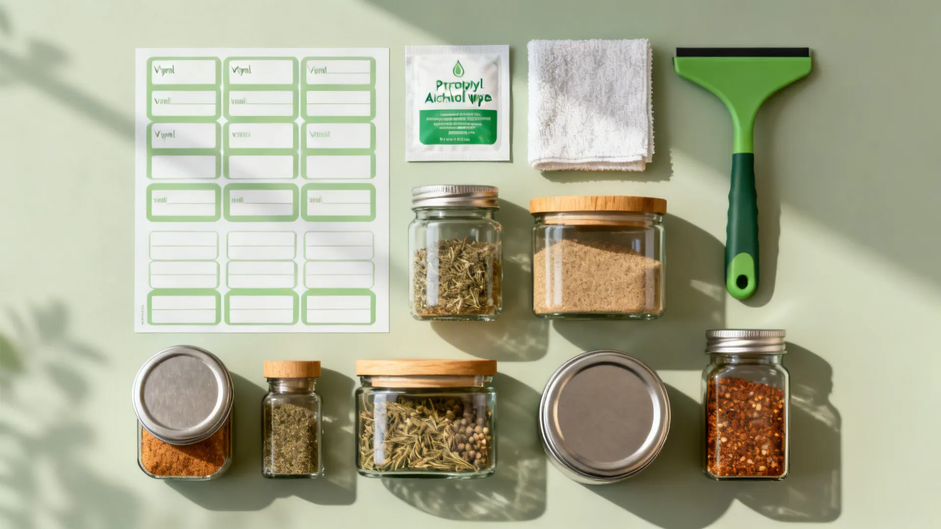 Top-down flatlay of vinyl label sheets, jars, alcohol wipes, and a squeegee for pantry labeling.