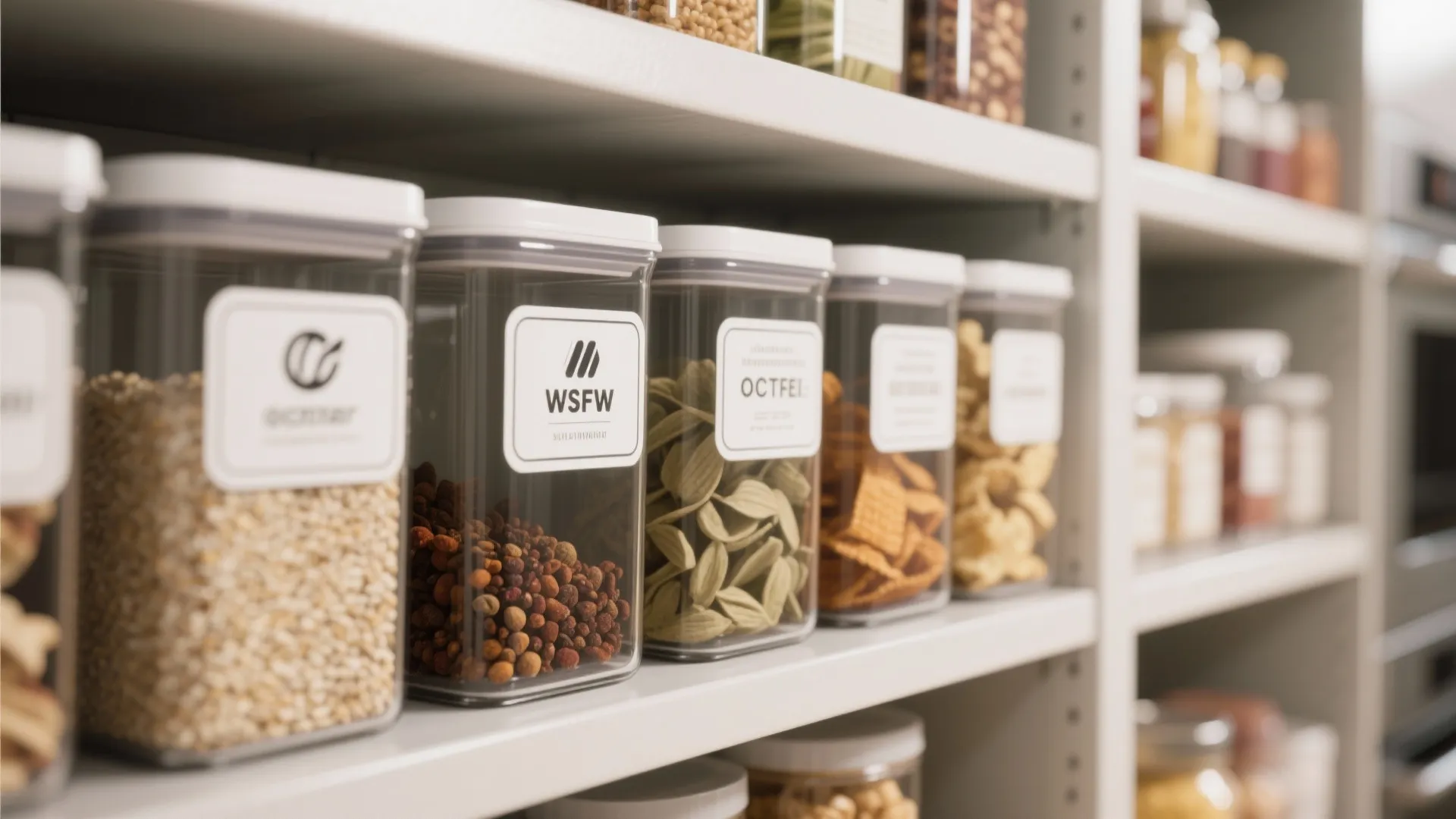 Clear plastic food storage containers with white labels organized neatly on white wooden pantry shelves
