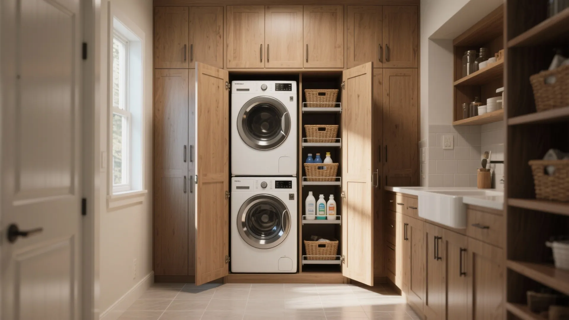 Stacked washing machine and dryer inside a wooden cabinet with storage baskets in laundry room