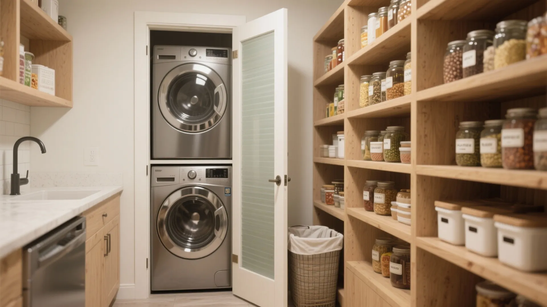 Modern laundry and pantry room with stacked silver machines wooden shelves and organized glass food jars