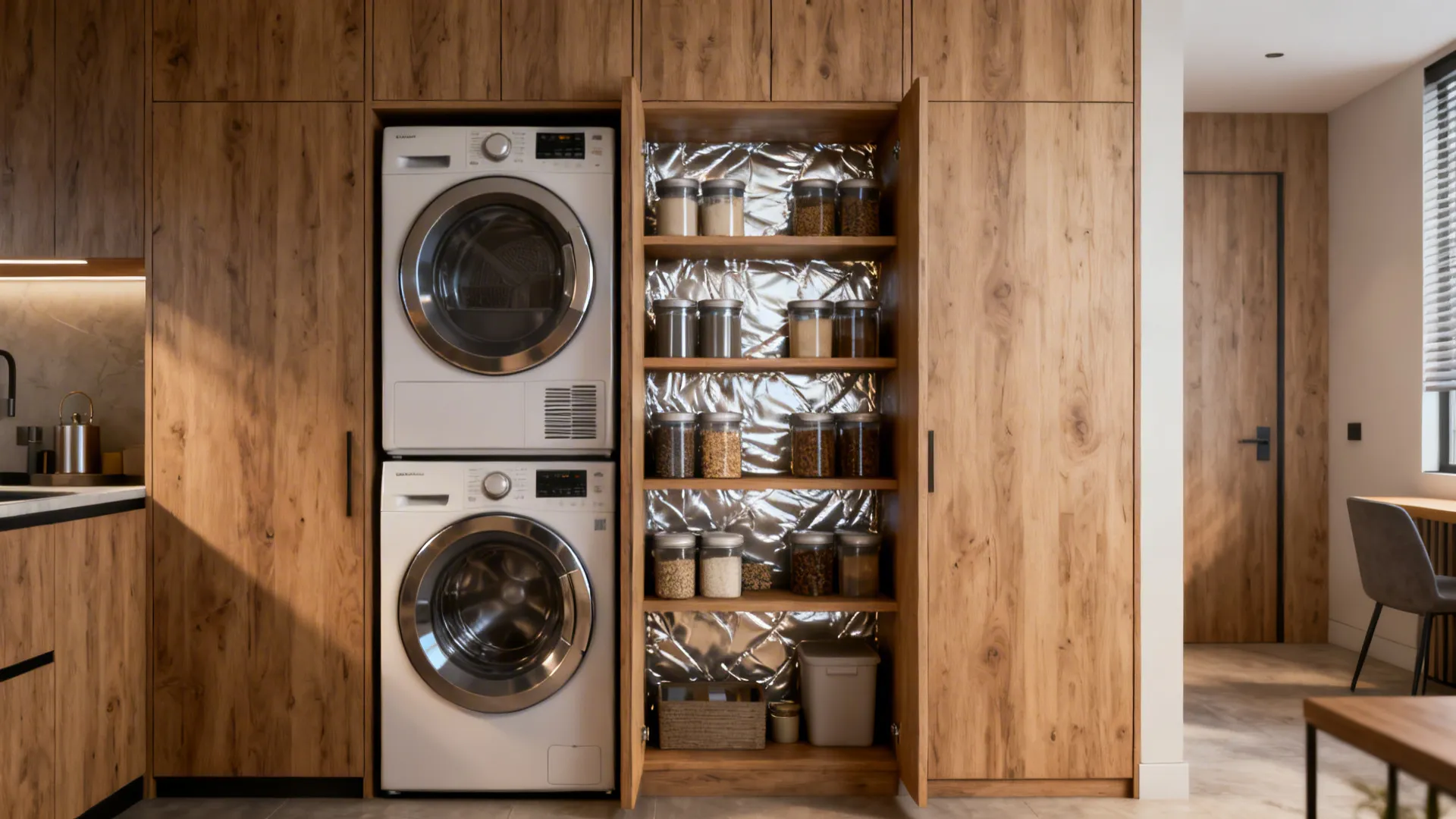 Integrated pantry and laundry cabinet with a stackable washer dryer beside sealed pantry shelves.