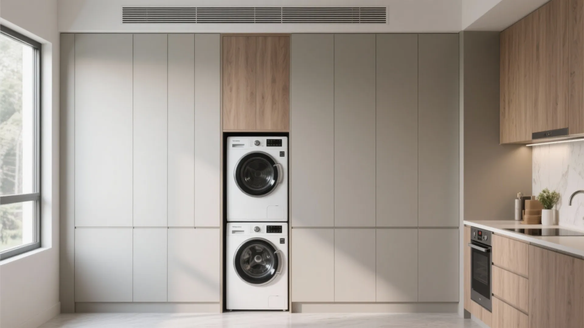 Modern kitchen with hidden laundry machines inside minimalist beige wall cabinets and wooden accents near window