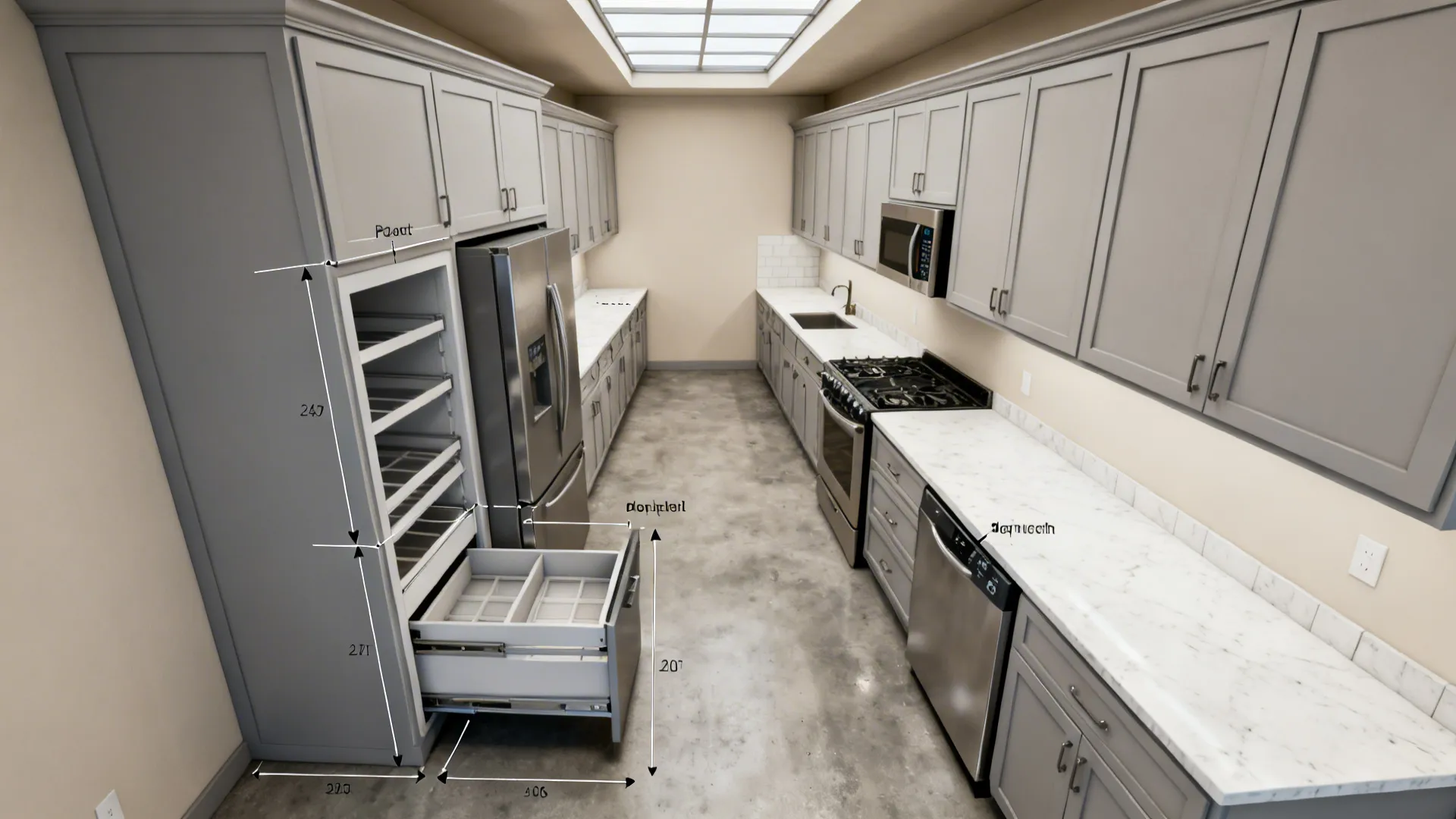 Ceiling-height pantry walls with pull-outs