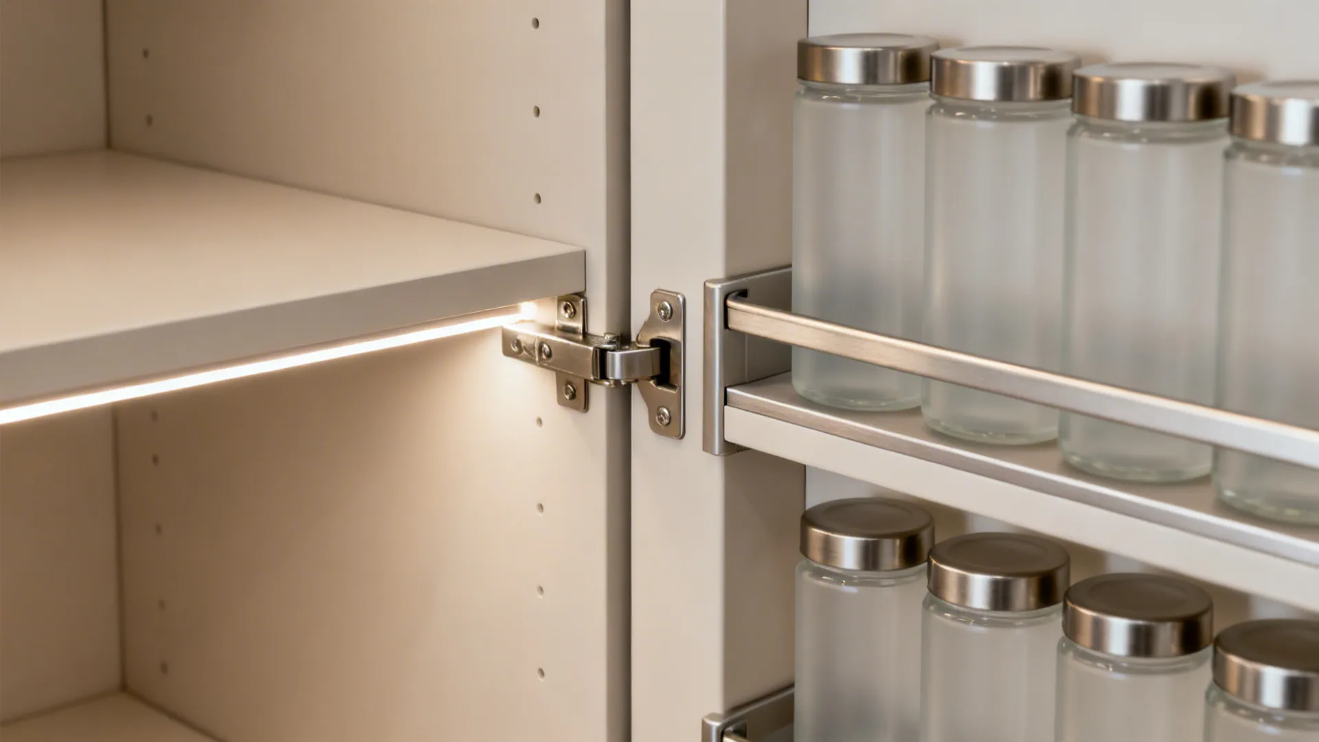 Macro of tall pantry hinge, LED-lit shelves, and door spice rack in matte finish.