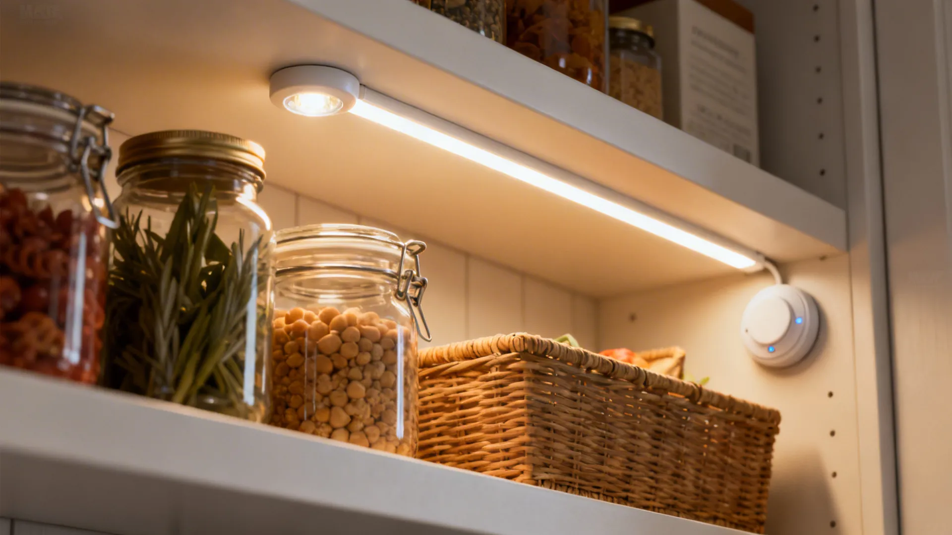 LED strip and motion-sensor puck lights installed under pantry shelves illuminating jars and baskets.
