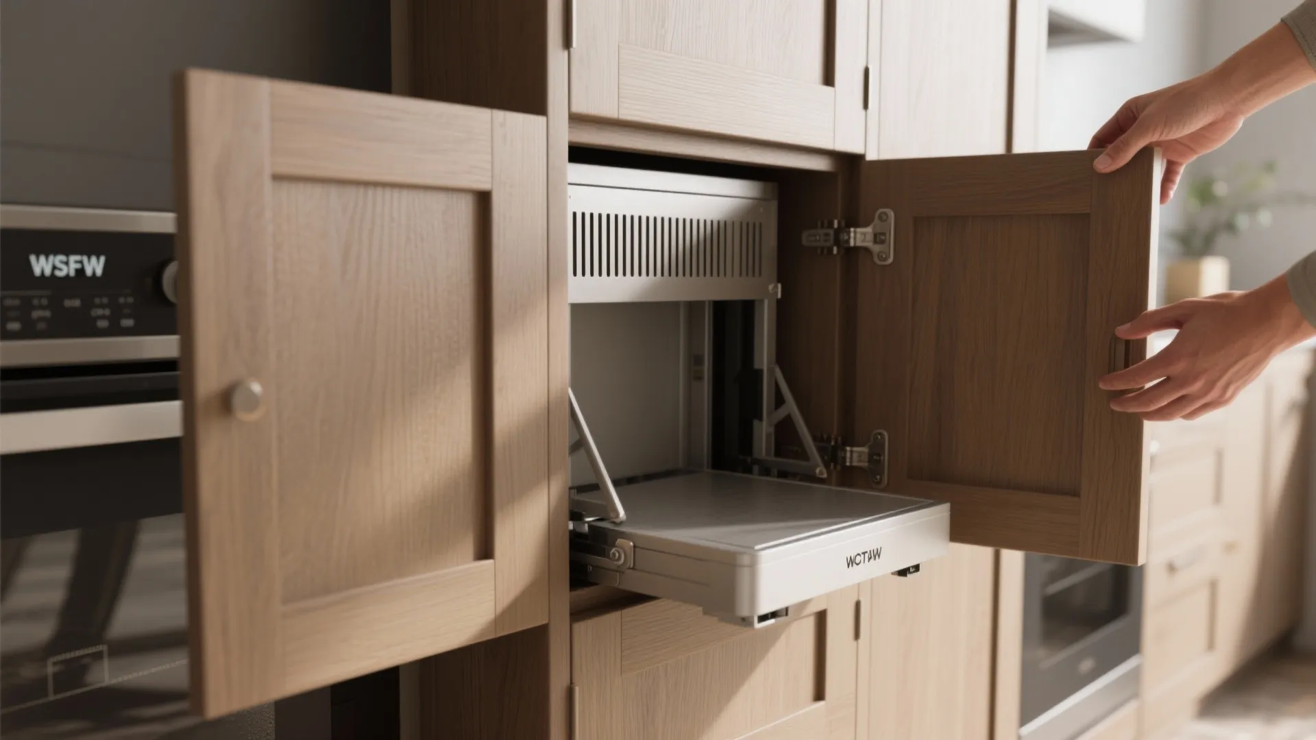 Kitchen cabinet with open wooden doors showing a metal pull down shelf system for easy storage