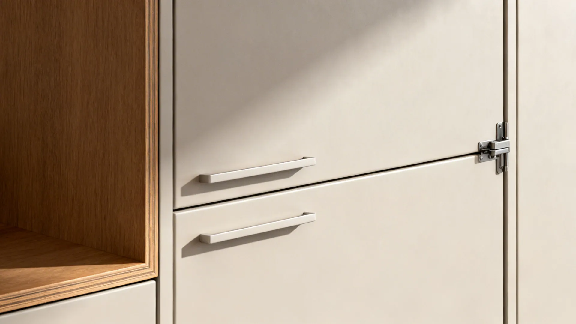 Macro of a tall pantry door with soft-close hardware and warm wood panel detail.