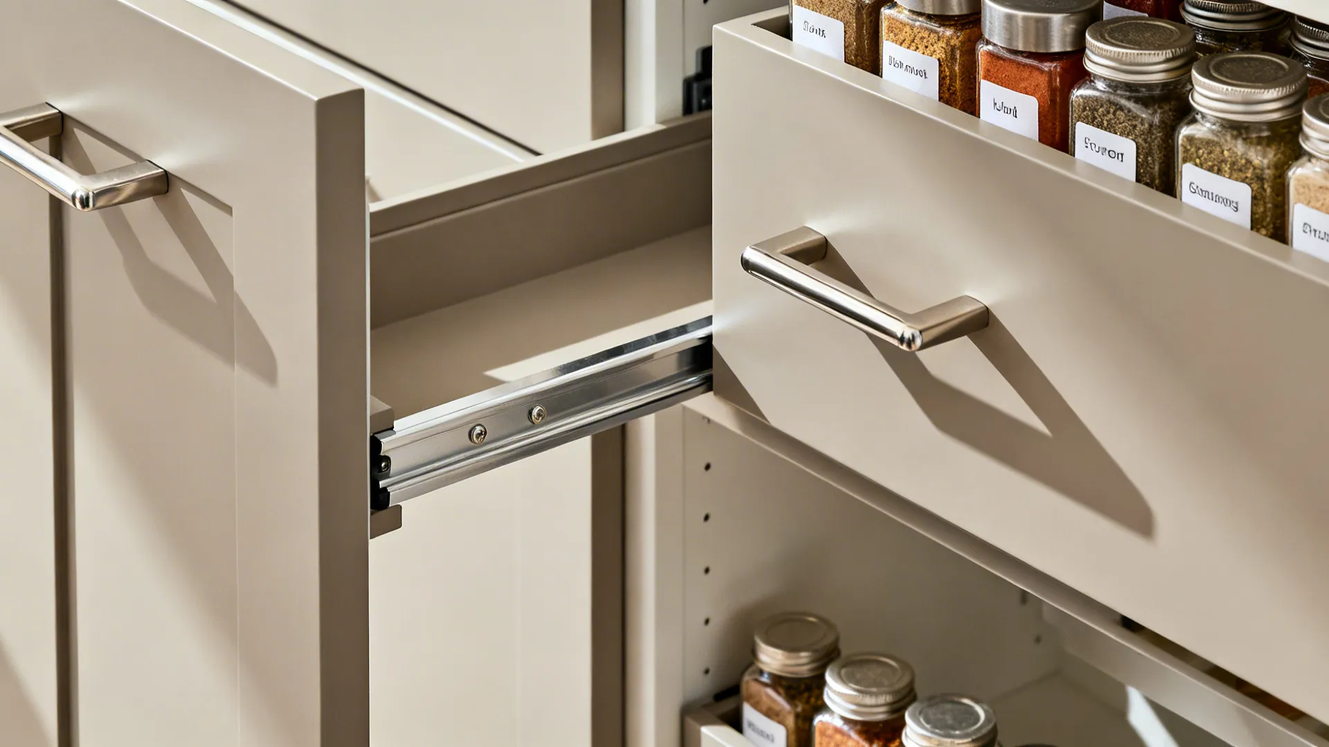 Macro of matte cabinet with integrated pull and smooth pull-out pantry rail holding spices.