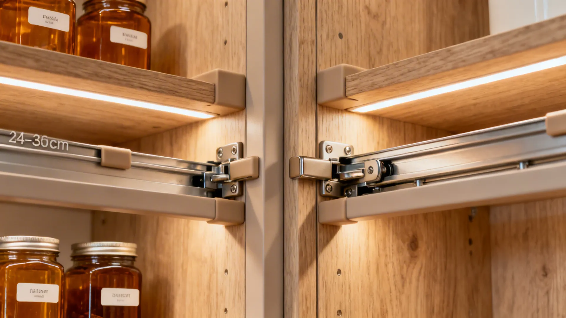 Macro of shallow pantry shelves with LED lighting and soft-close hardware.