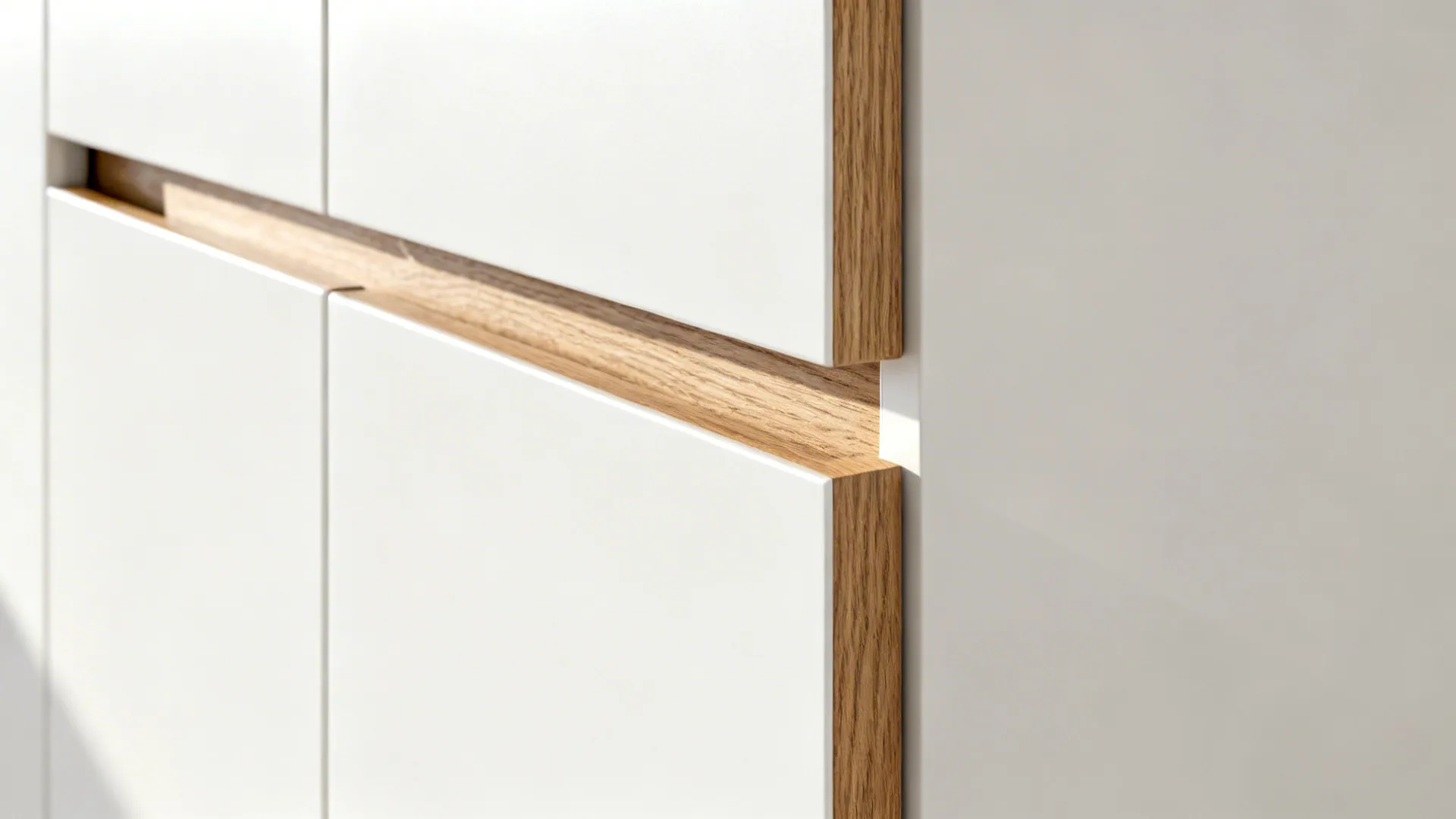 Macro view of oak trim and matte white pantry door with integrated pull in soft daylight.