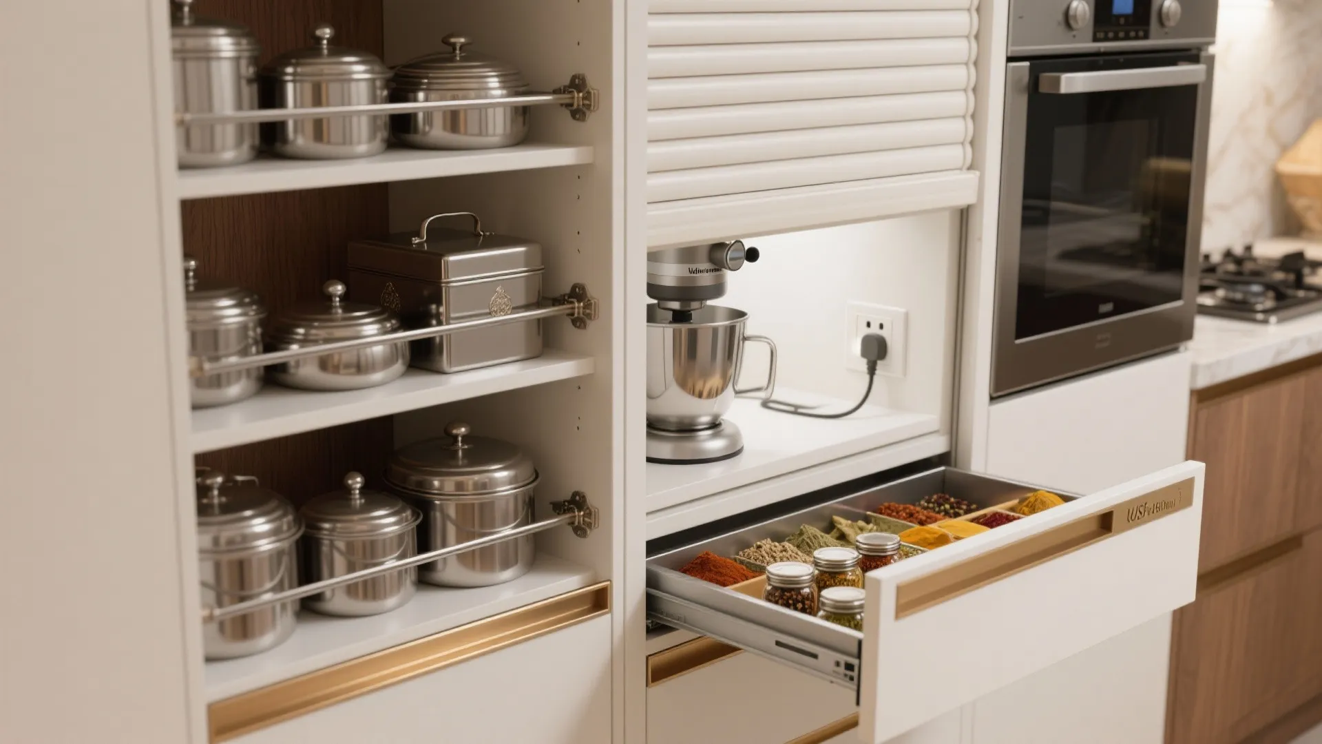 Tall storage, appliance garage, and masala pull-outs