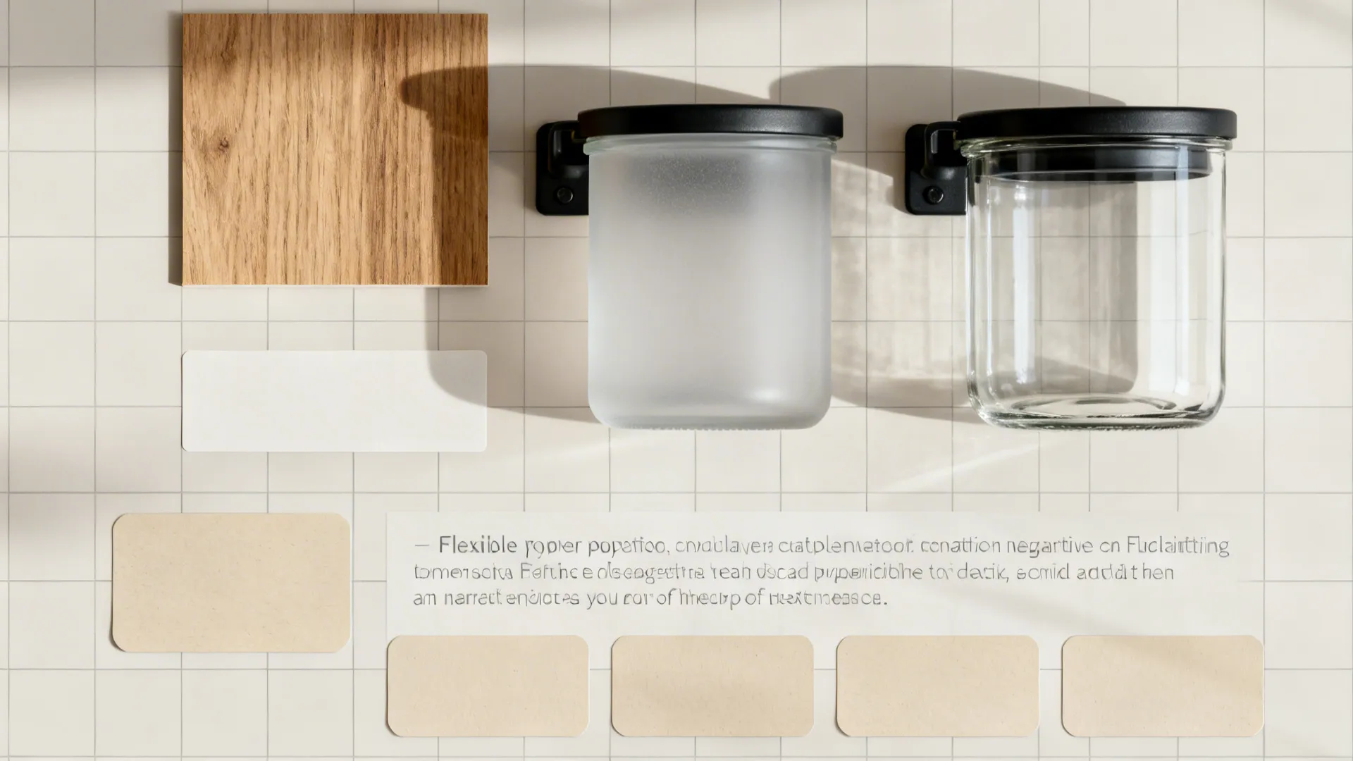 Top-down flat lay of wood, glass, and matte black hardware with generous negative space.