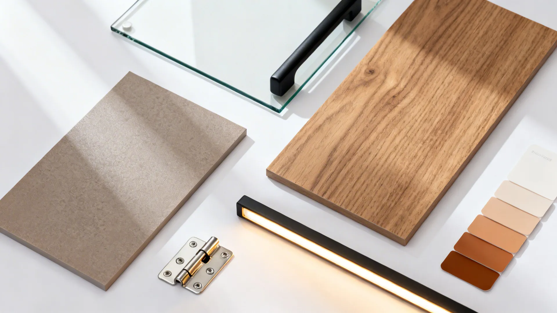 Flat lay of glass, laminate, oak veneer, black pulls, LED strip, and hinge for a pantry.