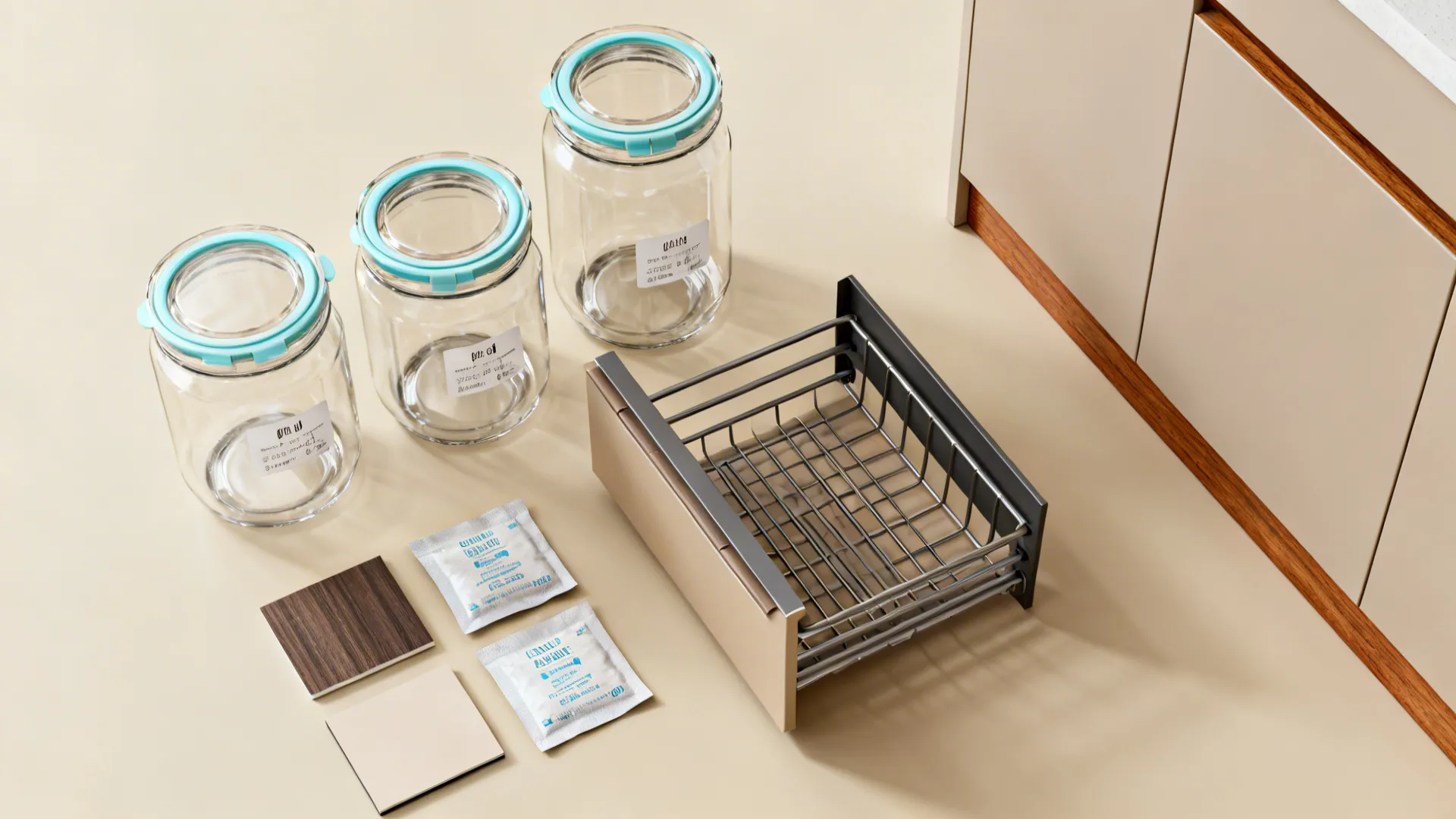 Three glass storage jars metal wire basket material samples and seasoning packets on beige tiled floor
