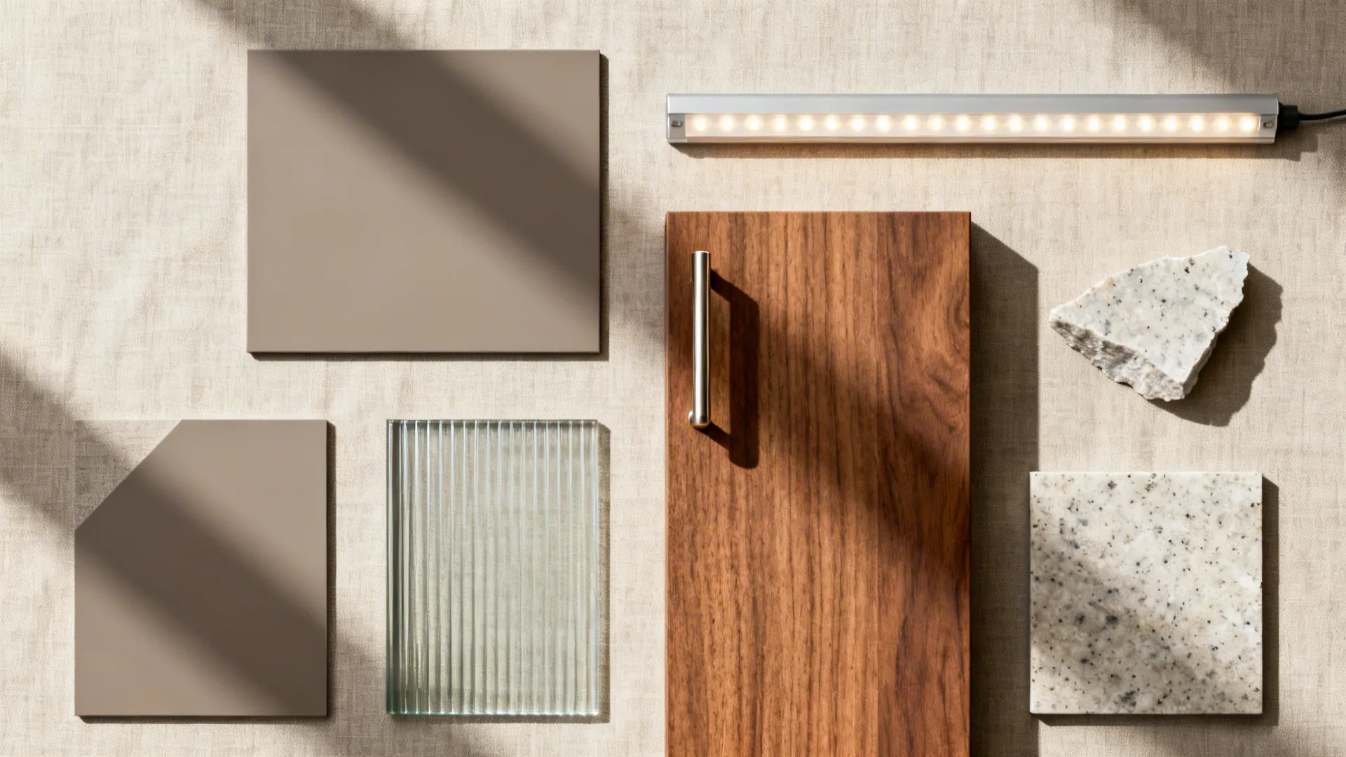 Flat lay of taupe lacquer, walnut veneer, brushed nickel, quartz, and glass for a tall pantry.