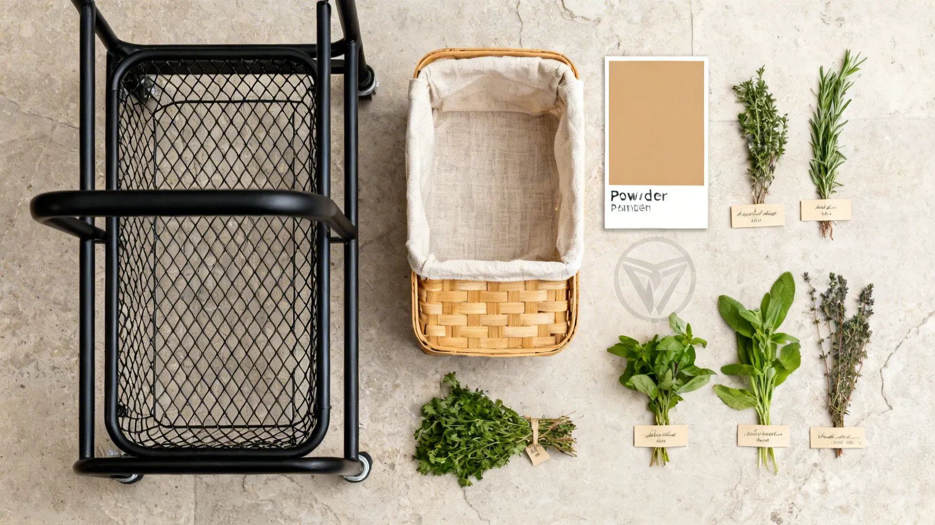 Flatlay of black steel, wire mesh, bamboo basket, and breathable liner materials for a pantry trolley.