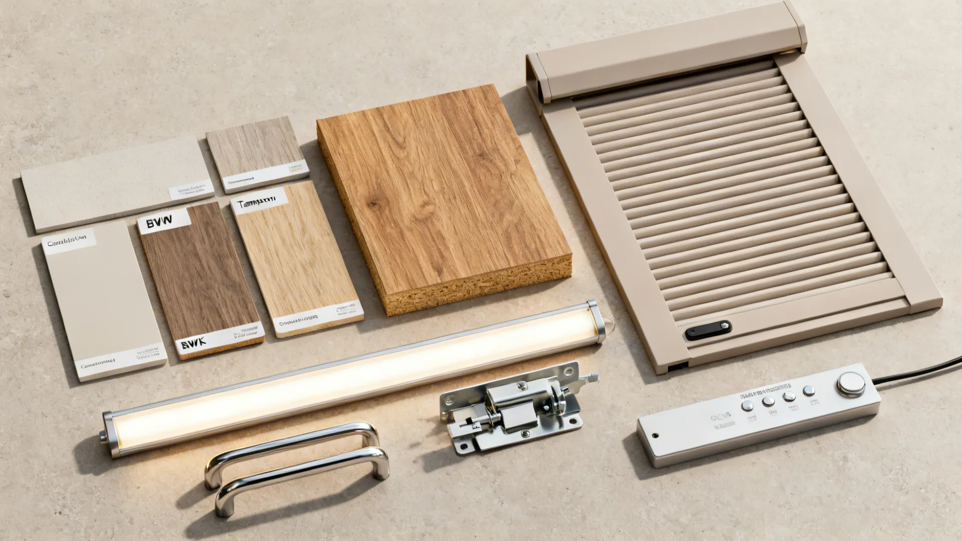 Flat lay of exterior laminates, compact laminates, plywood, tambour shutter, and hardware.