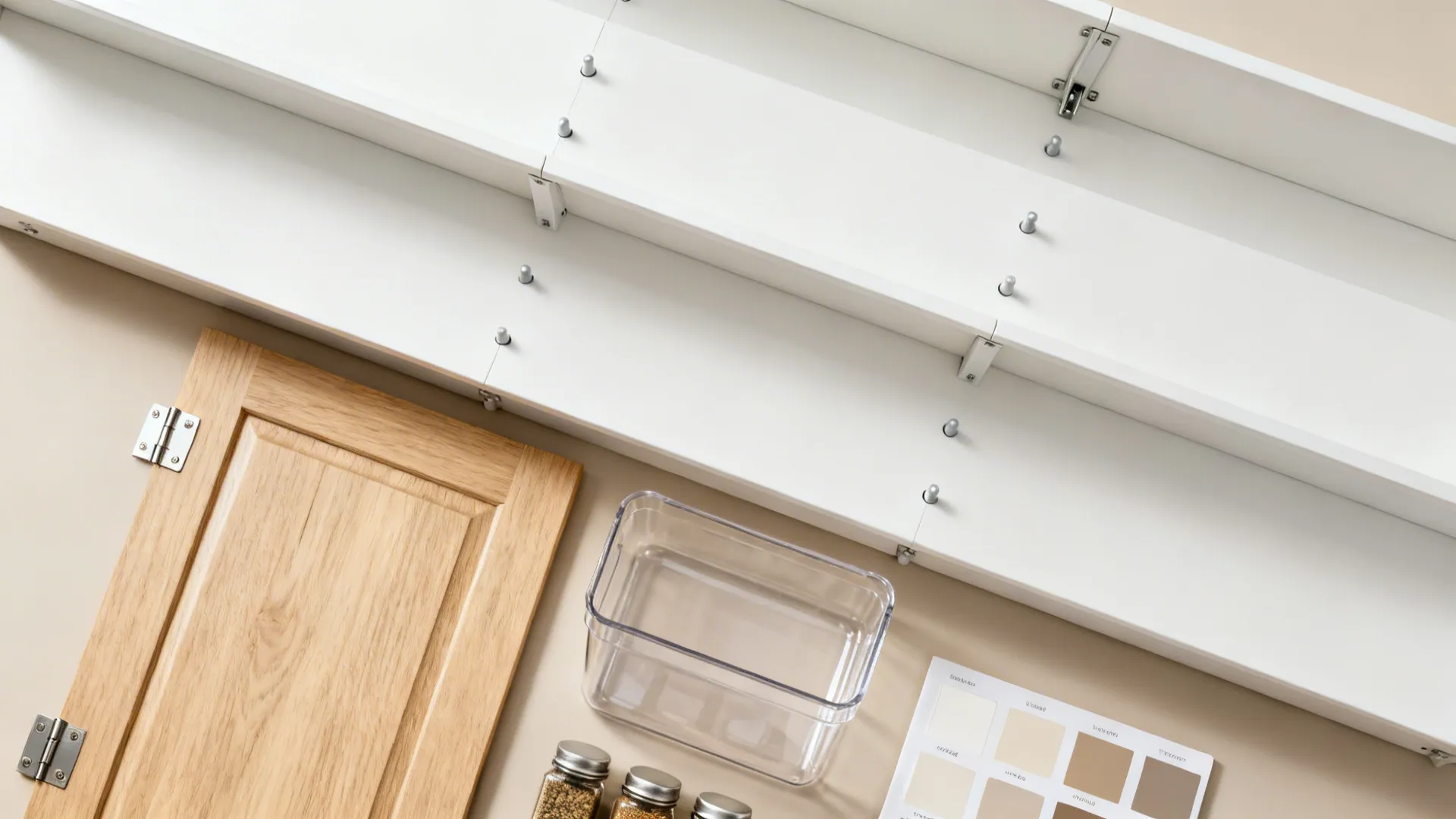 Flat lay of matte white panels, hinges, oak sample, clear bins, and neutral palette for a corner pantry.