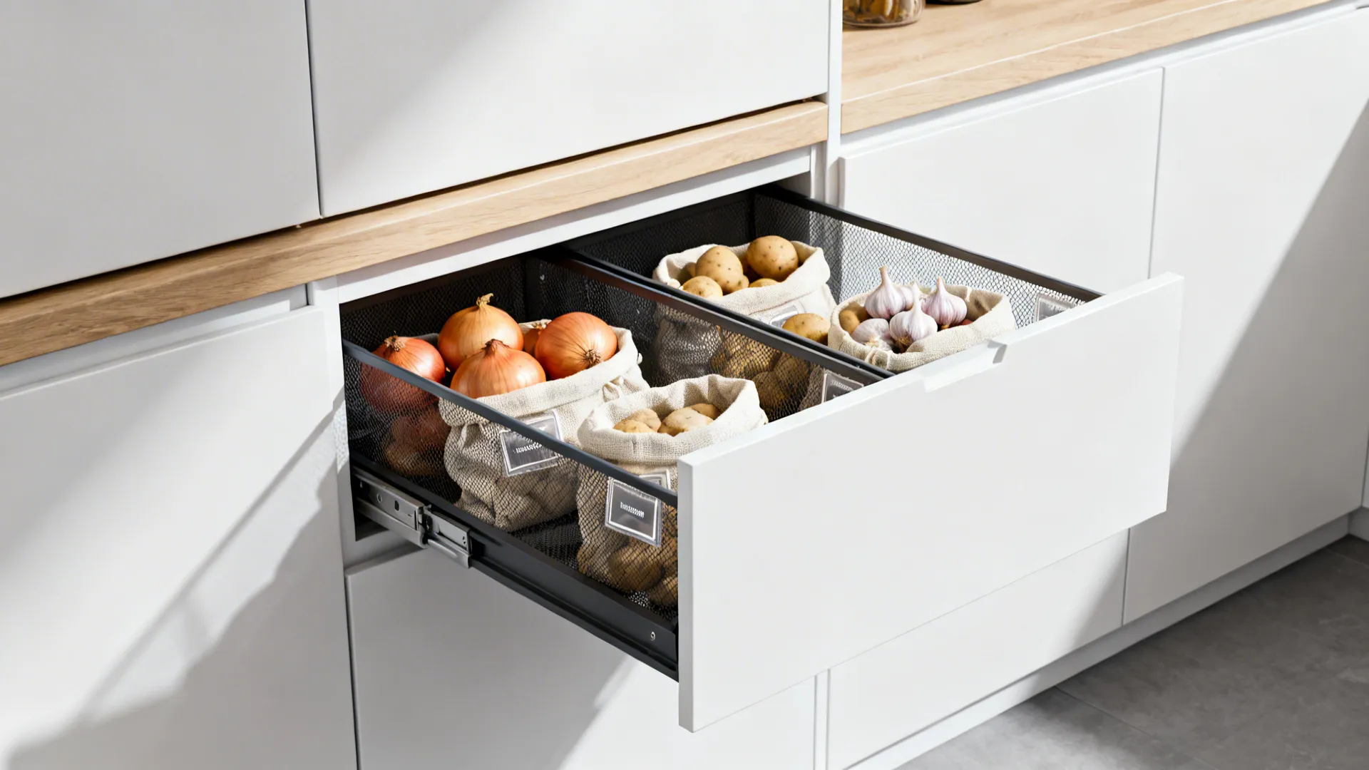 Pantry with full-extension mesh drawers separating onions, potatoes, and garlic for airflow and visibility.