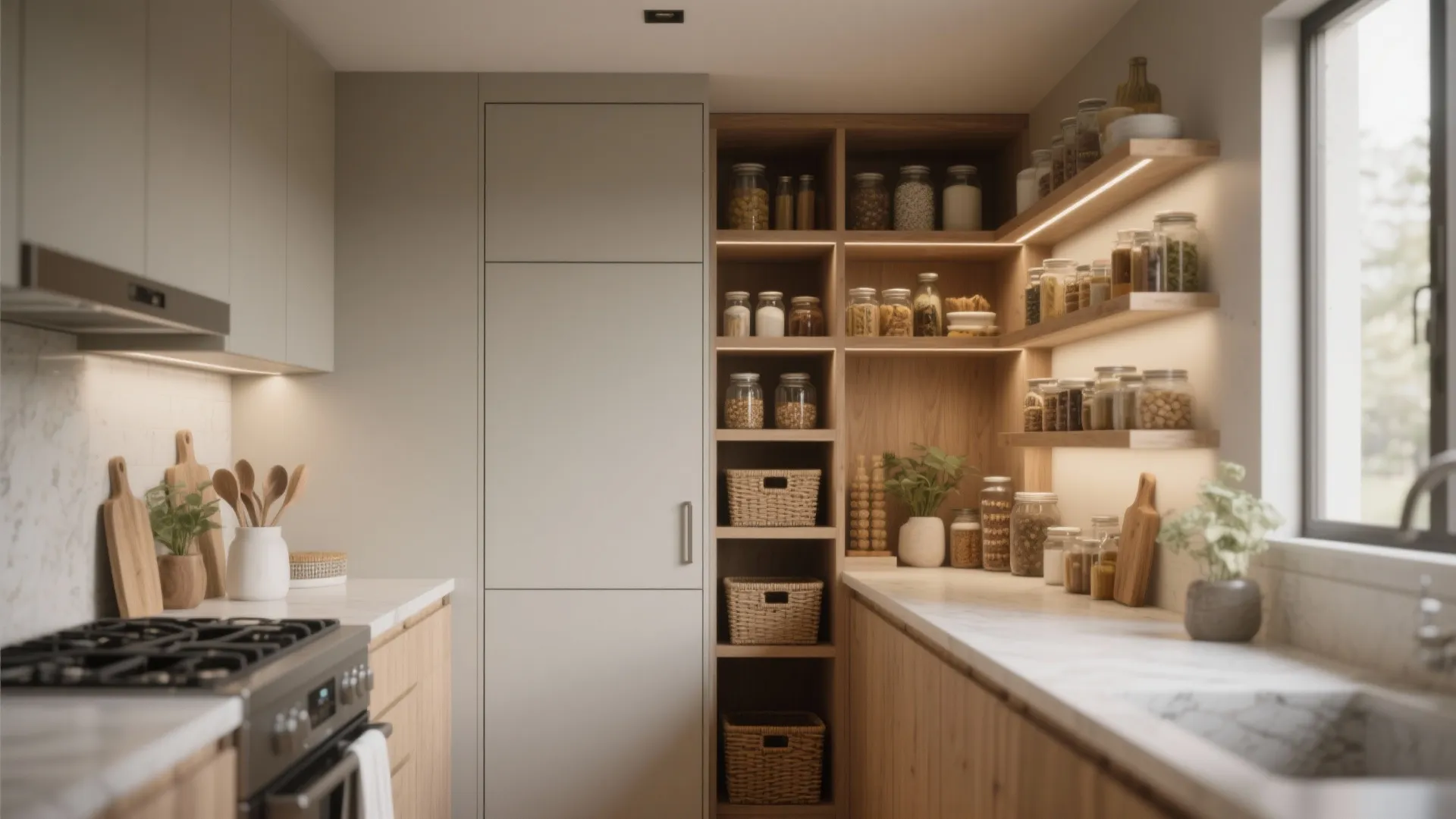 Organized kitchen pantry with wooden shelves glass jars woven baskets built in cabinets and warm lighting