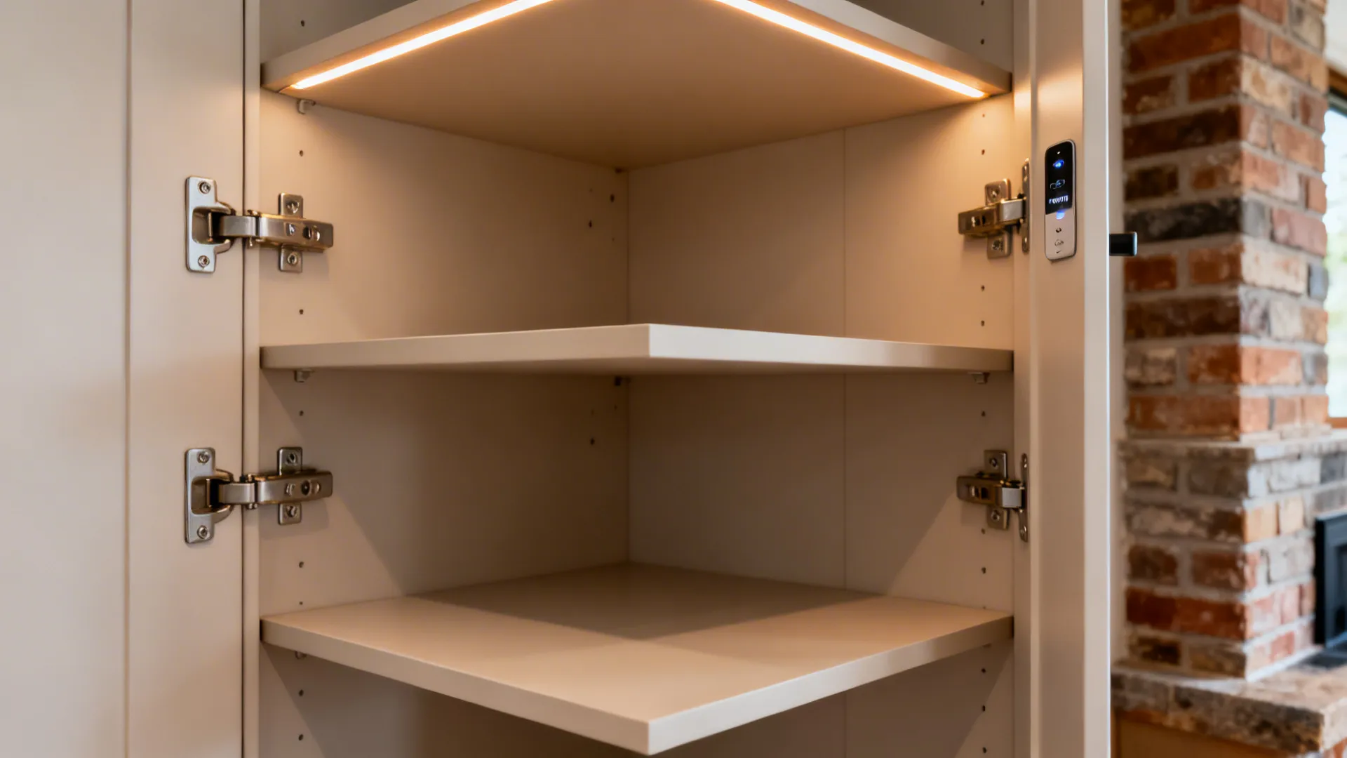Empty white kitchen cabinet with adjustable shelves and a warm light fixture installed at top