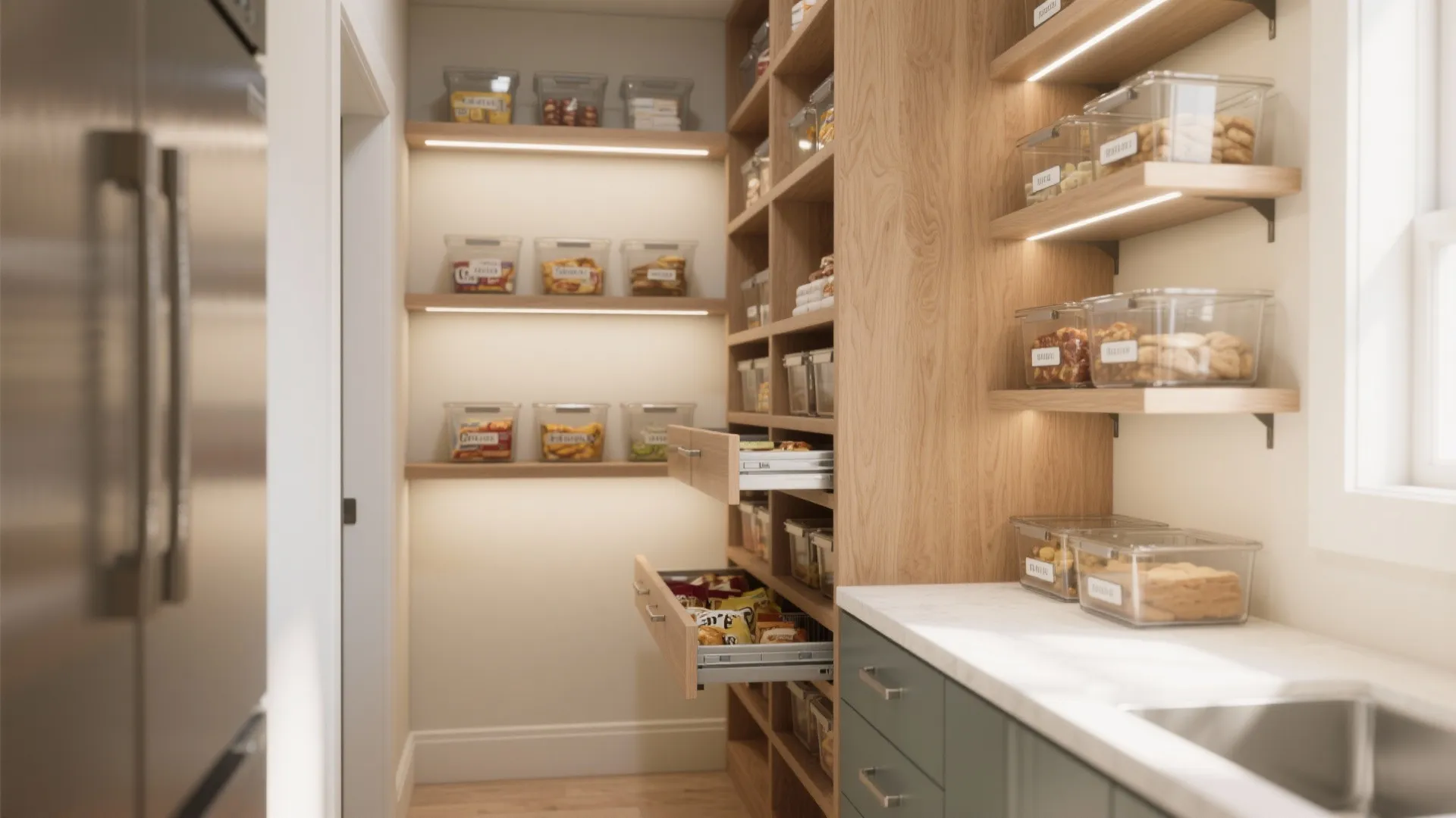 Organized walk-in pantry with light wood shelves clear storage bins built-in lighting and open drawers