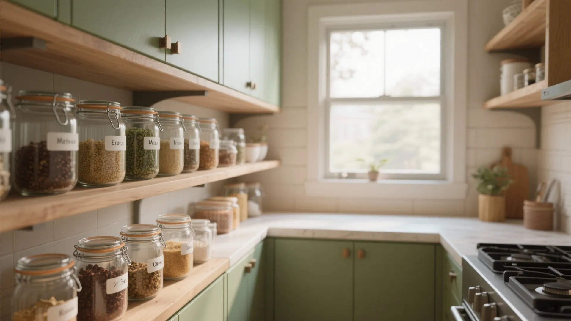 Green kitchen cabinets with wooden shelves holding glass jars for food storage near a window