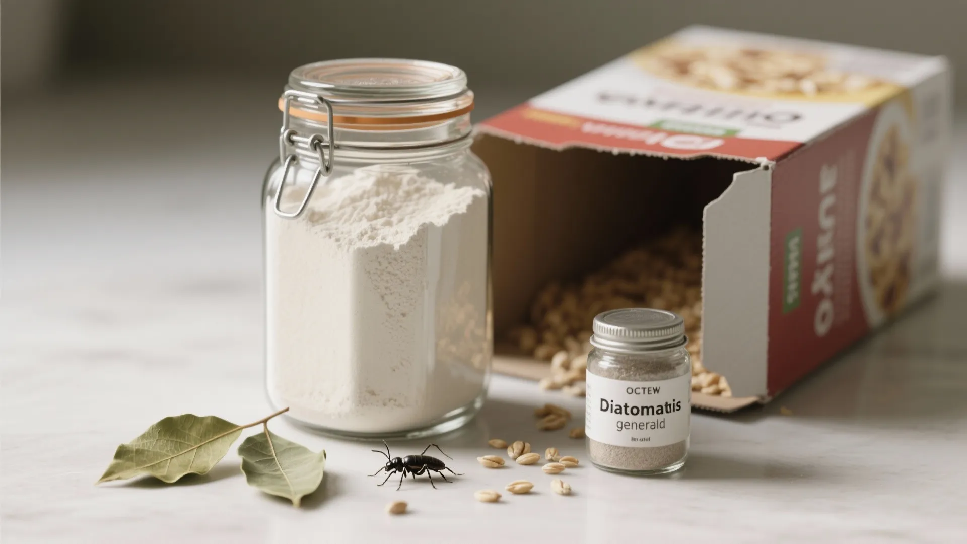 Pantry items including sealed jar of flour, open cereal box, bay leaves and diatomaceous earth illustrating pest prevention tips.
