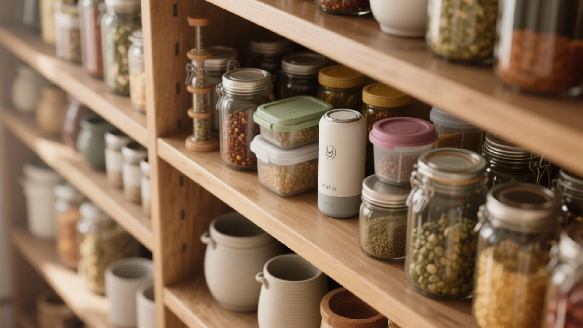 Organized pantry with a small neutralizer tucked behind jars and containers, keeping scent away from direct food contact.