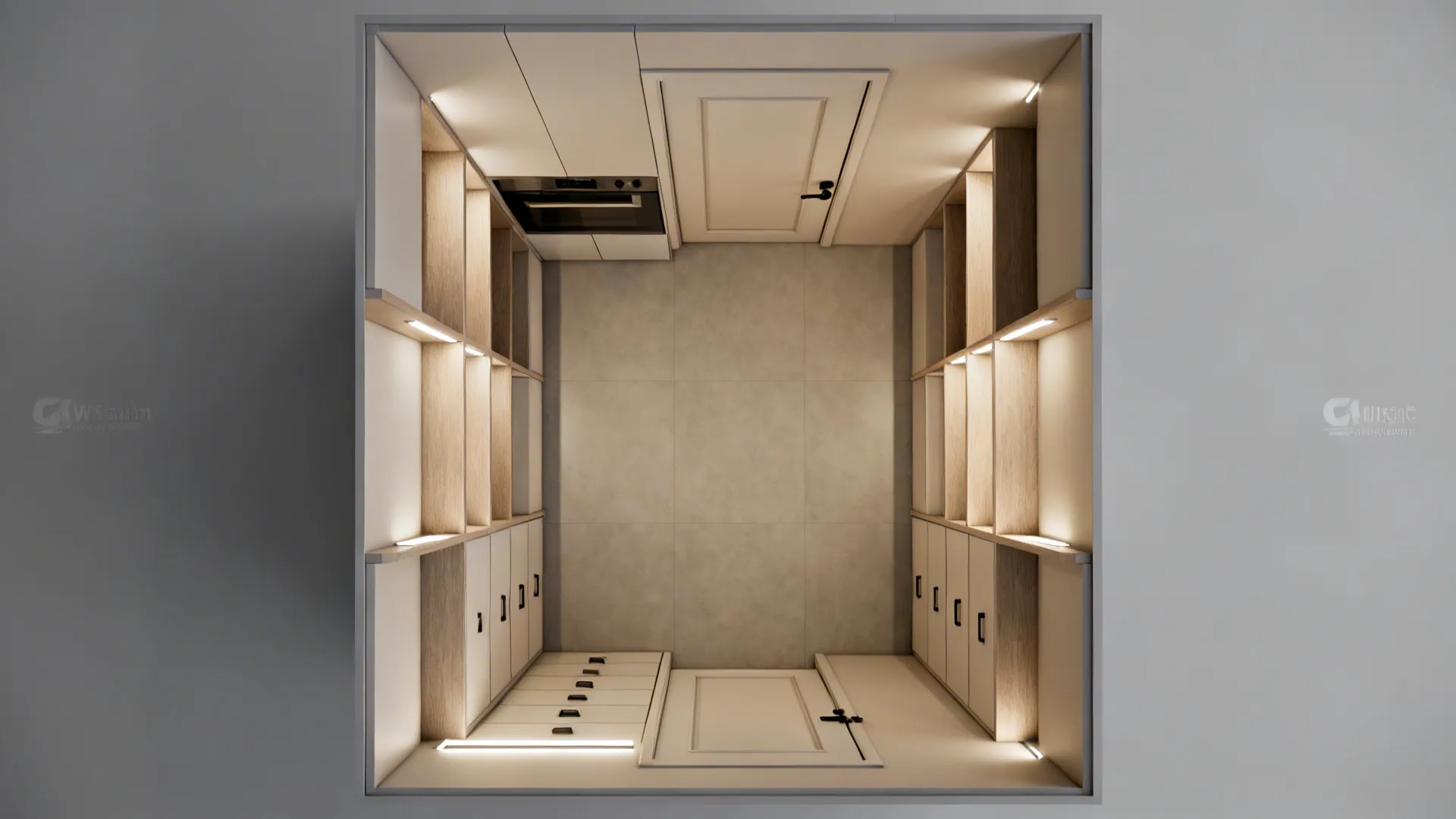 Top-down photorealistic layout of a 0.9m x 0.9m pantry showing shelving, drawer zones, and clearances.