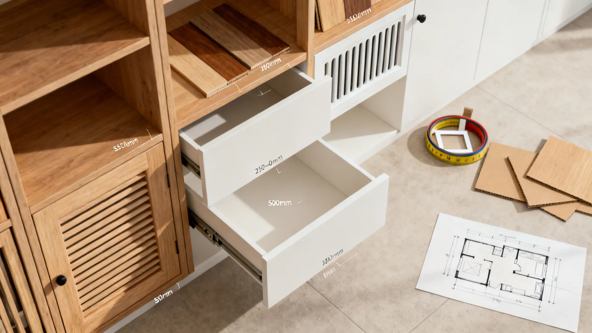 Top-down layout planning with shallow shelves, pull-outs, and ventilation details for a pantry.