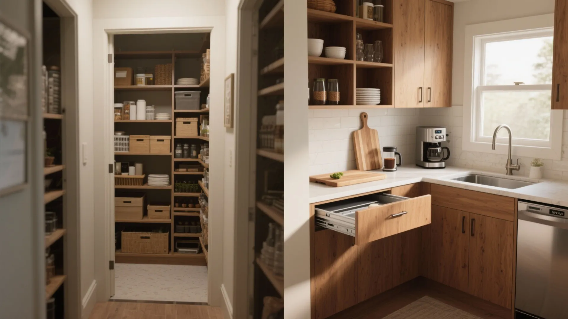 Modern kitchen with wood cabinets and an open walk in pantry full of storage bins