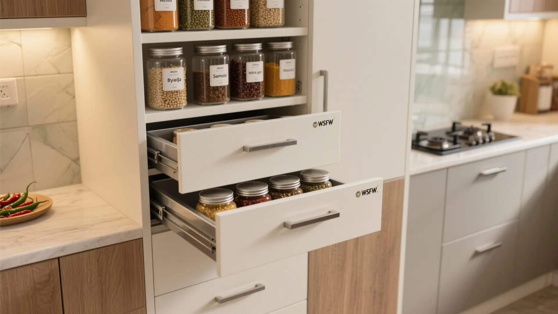 2) Tall pantry + ergonomic pull-outs for masala-heavy cooking