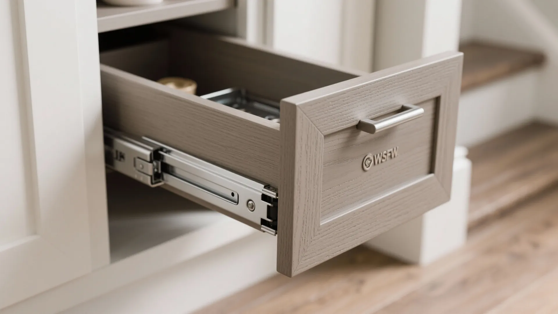 Close-up of an open wooden cabinet drawer with metal slides showing high quality furniture hardware