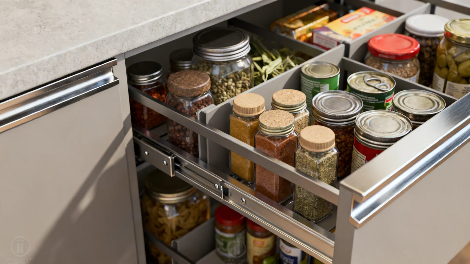 Macro of a pantry pull-out with integrated organizers and soft-close hardware in matte cabinetry.