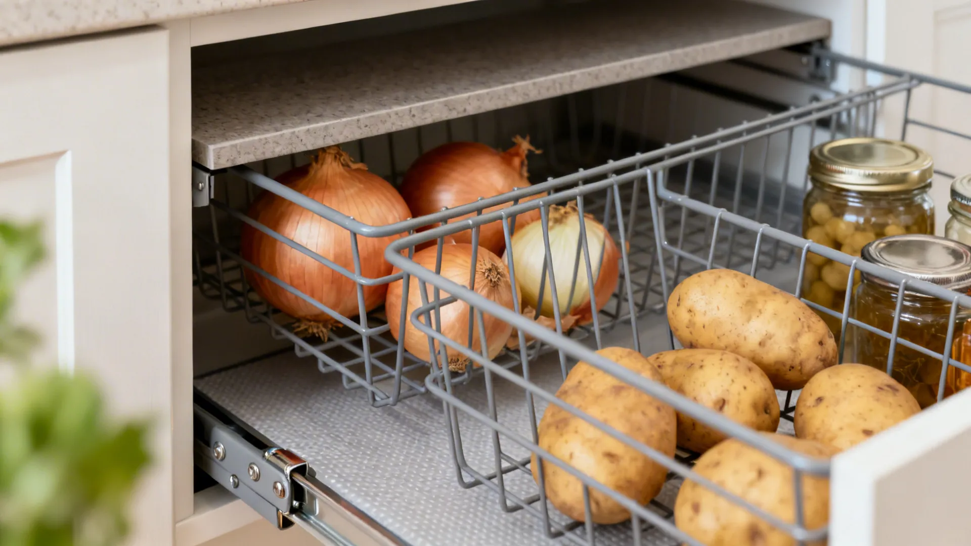 Close-up of powder-coated wire pantry pull-outs in a compact niche with bench hinge detail.