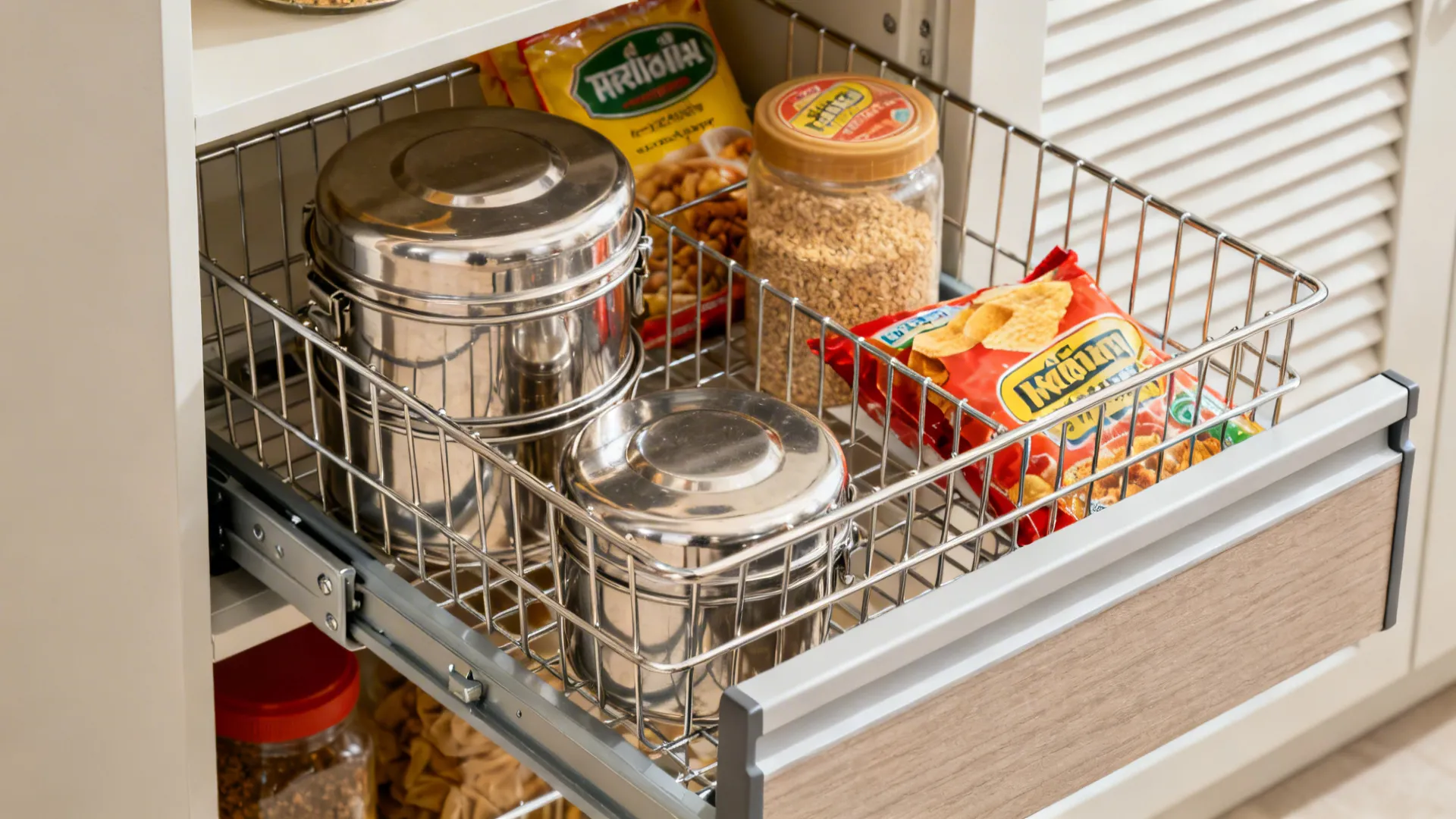 Macro of pantry pull-out baskets storing tiffins and staples in a tall kitchen unit.